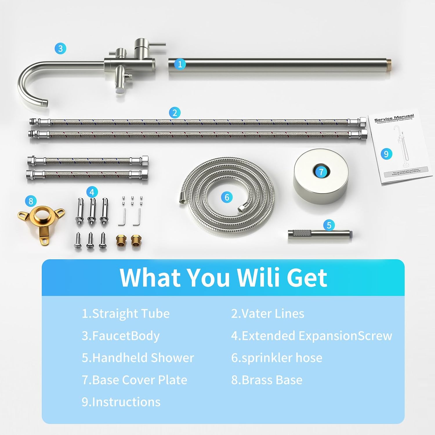Freestanding Tub Filler Brushed Nickel Floor Mount Bathtub Faucet Bathroom,Rough-in Valve 2 Function Handshower for Tub Rinsing Bathing,Anti-Wobble Base,Cylinder Handheld