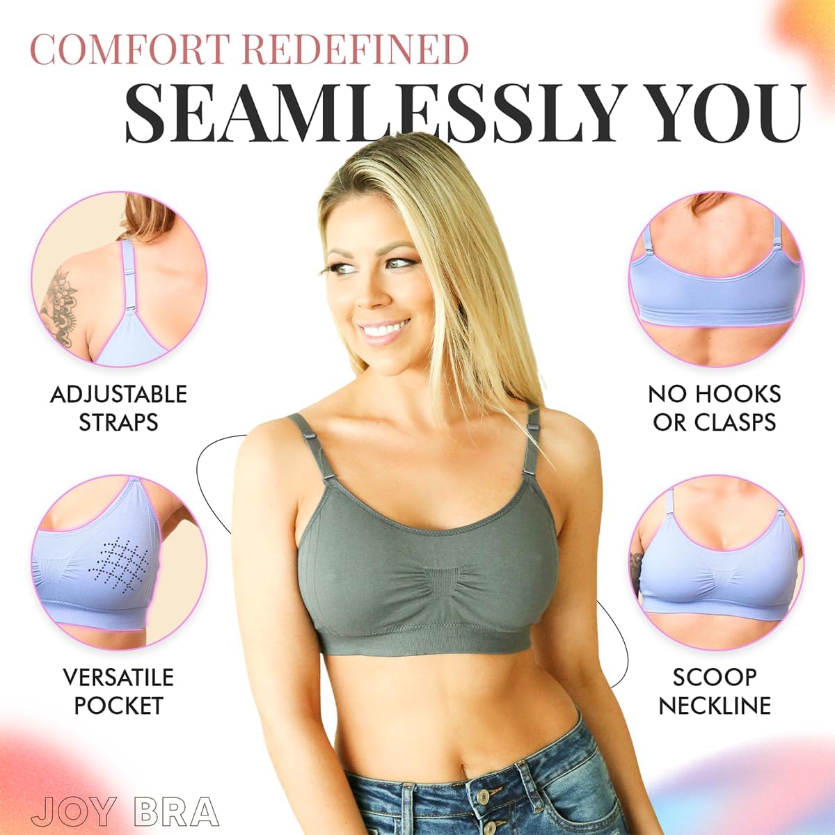 Scoopneck Seamless Bras for Women | Wireless Full Coverage Push Up Womens Sports Bra | One Size/Large