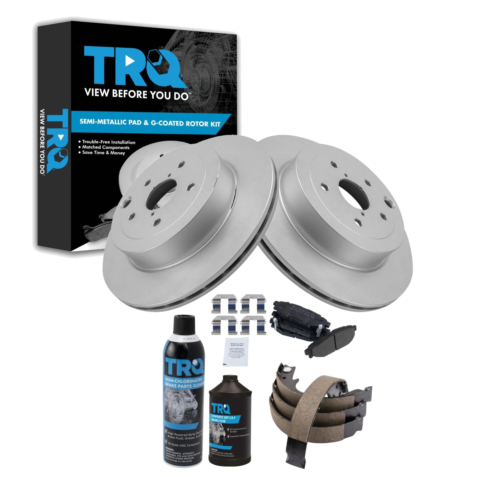 TRQ Rear Brake Pad &amp; Rotor Kit, with Chemical Kit Parking Brake Shoe Set Semi-Metallic Compatible with 2008-2013 Subaru Impreza
