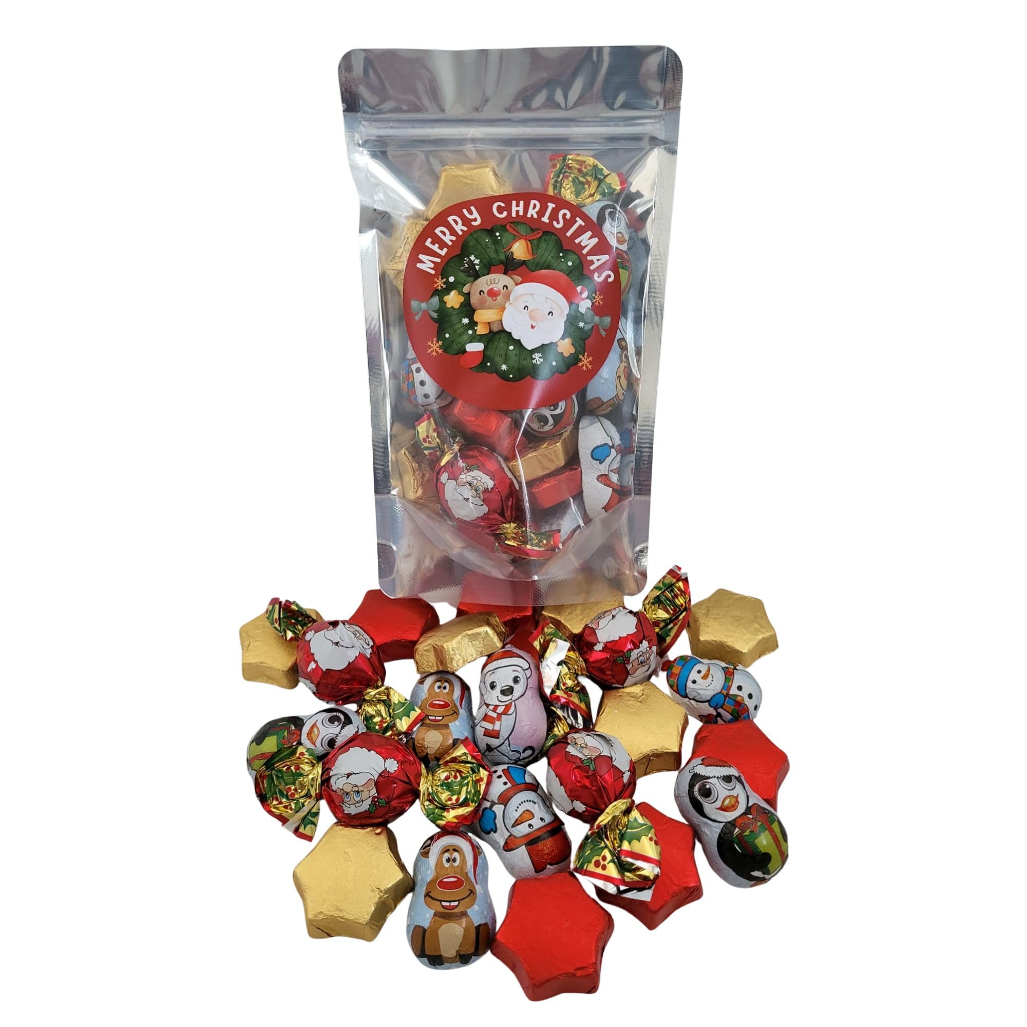 Milk Chocolate Christmas Sweet Gift Bag Including 1x Rose Creations 250g Bag Of Twists, Stars & Themed Chocolate, In Stand Up Resealable Pouch, Parties & Gifting