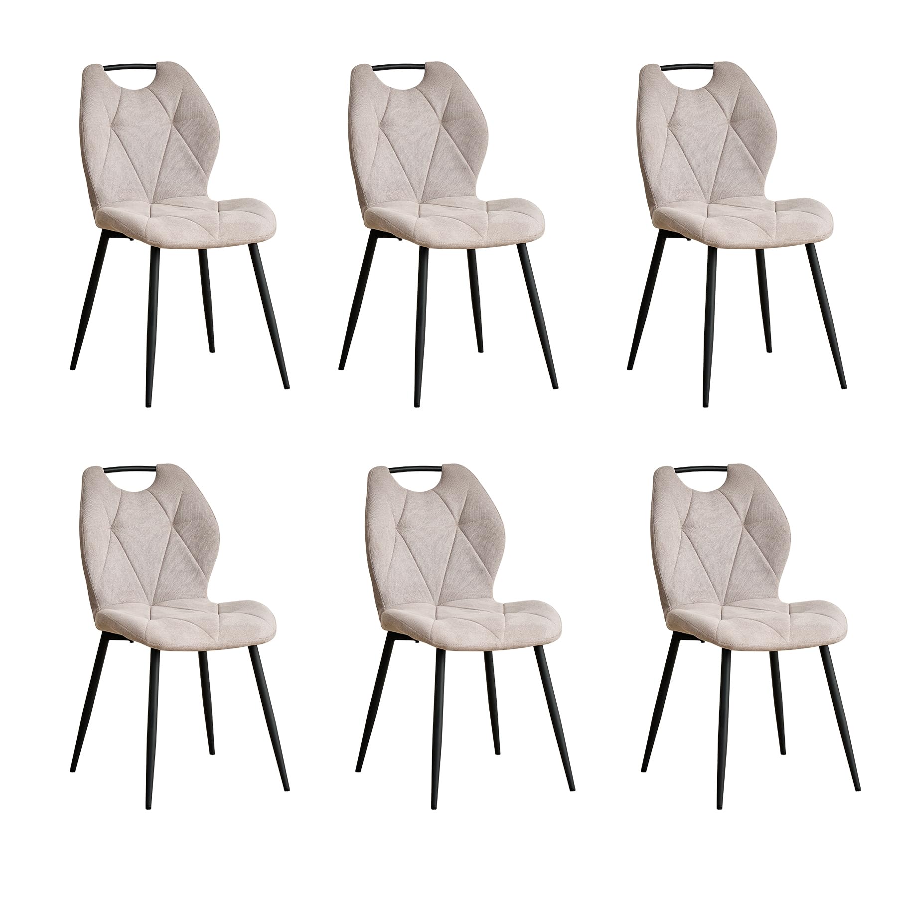 GrandCA HOME 6er-Set Esszimmerstühle, nordische Küchenstühle mit Griffen, für Esszimmer, Wohnzimmer, Metallbeine und Polsterung mit Rautenmuster (Beige)