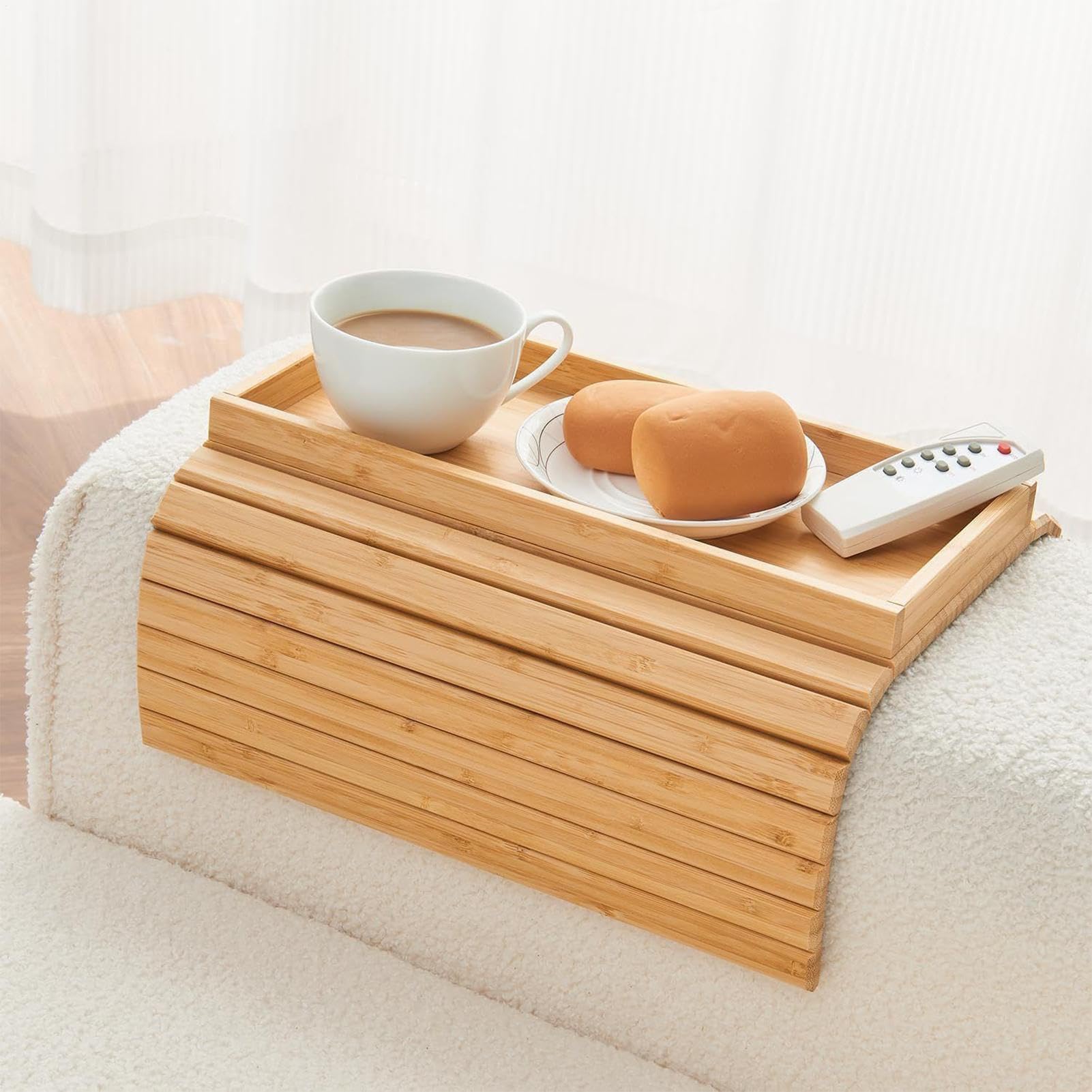 Mesa plegable con reposabrazos de madera con cojín antideslizante, bandeja para sofá, para café, bebidas, control remoto y teléfono, accesorio para sala de estar y dormitorio