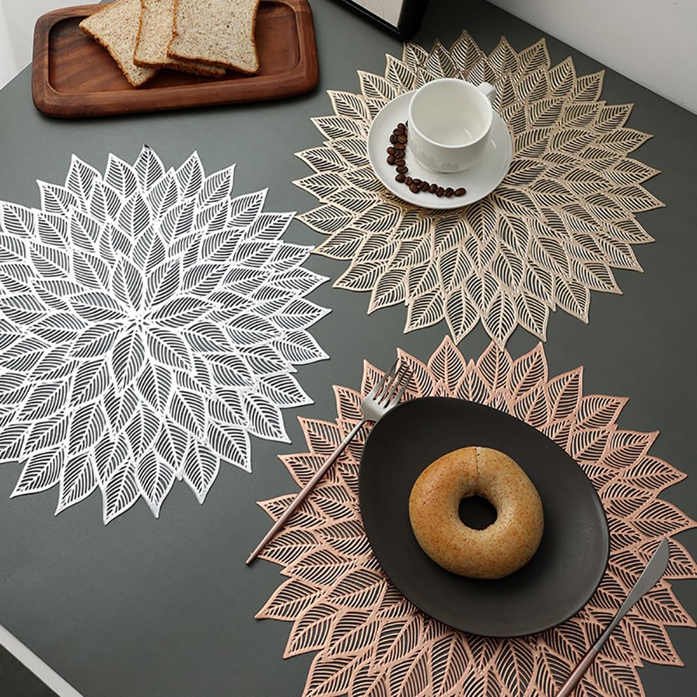 Modèle Moderne Modèle PVC Placemat - 38 Cm / 14,9 Pouces De Table Ronde, Tapis À Manger Imperméable avec Design Esthétique Contemporain pour Les Restaurants À Domicile,Or,12pcs