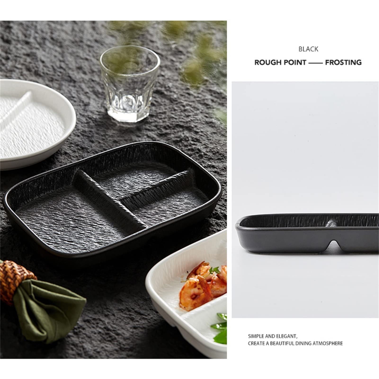 Czarno-białe matowe ceramiczne naczynia stołowe 3 sekcje płytkie talerze płyta kontrolna porcji rozdzielacze talerzy do serwowania dla zdrowego odżywiania-1 szt. (Color : Black, Size : Square)