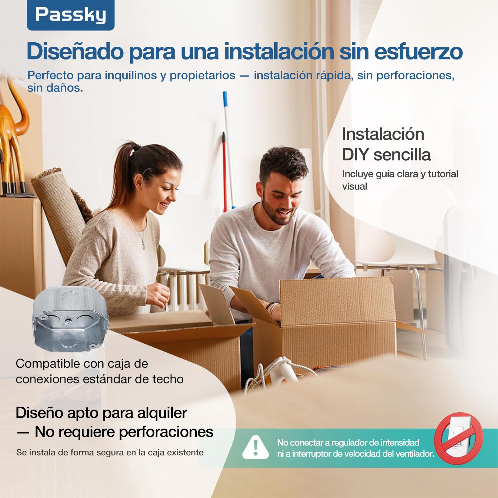 Passky Ventilador de Techo con Luz LED Mando 132cm Silencioso Blanco | 5 Aspas Doble Face Temporizador Motor DC 3 Luces Regulables 6 Velocidades Reversible Verano Invierno Int/Ext Salón Dormitorio