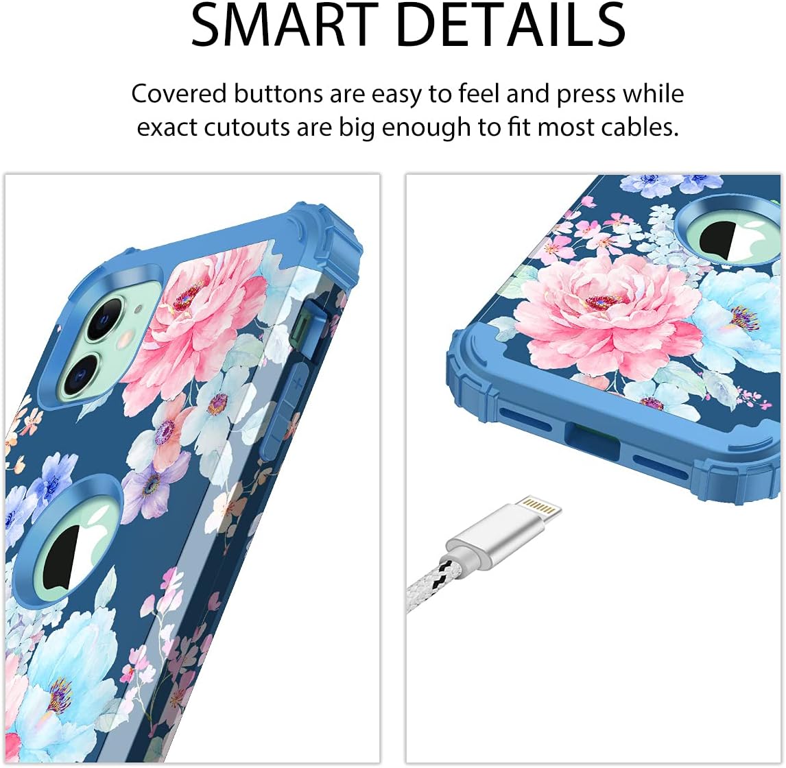Rancase for iPhone 11 Case,Three Layer Heavy Duty Shockproof Protection Hard Plastic Bumper +Soft Silicone Rubber Protective Case for Apple iPhone 11 6.1 inch,Navy Blue Flower