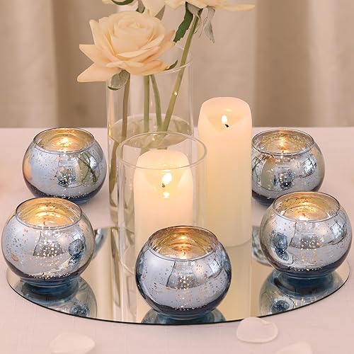 Miniatura 4 de 10 portavelas votivas azules, tamaño más grande de 2.36 x 3.15 pulgadas, portavelas redondo de vidrio de mercurio, portavelas azules para