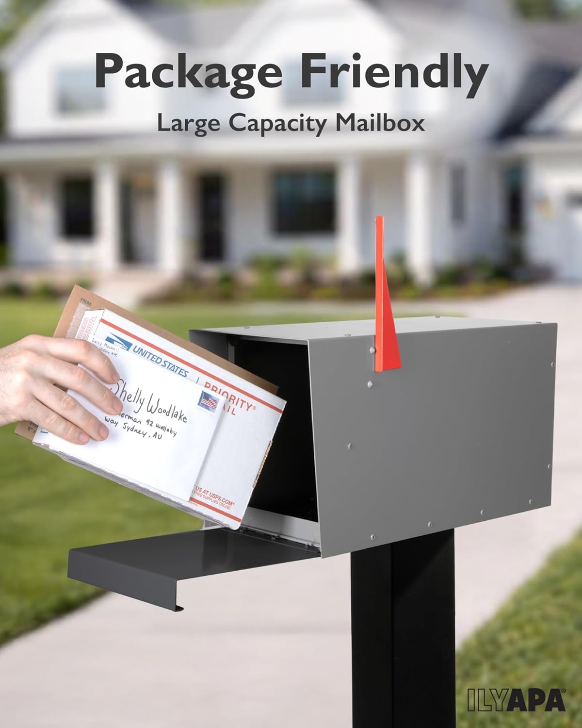 Ilyapa Modern Mailbox for Post Mount - Gray with Black Door Powder Coated Steel, Waterproof Letter Box for Parcels, with Recessed Magnetic Close Door