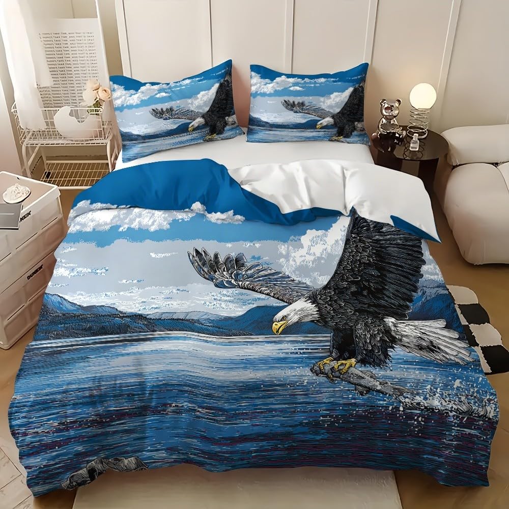 Zwierzę biały orzeł morski, malarstwo, nadruk 3D, dla dorosłych i dzieci, 3-częściowy komplet pościeli 180 x 200 cm, niebieska pościel, miękka i nie wymaga prasowania, z mikrofibry, poszewka na