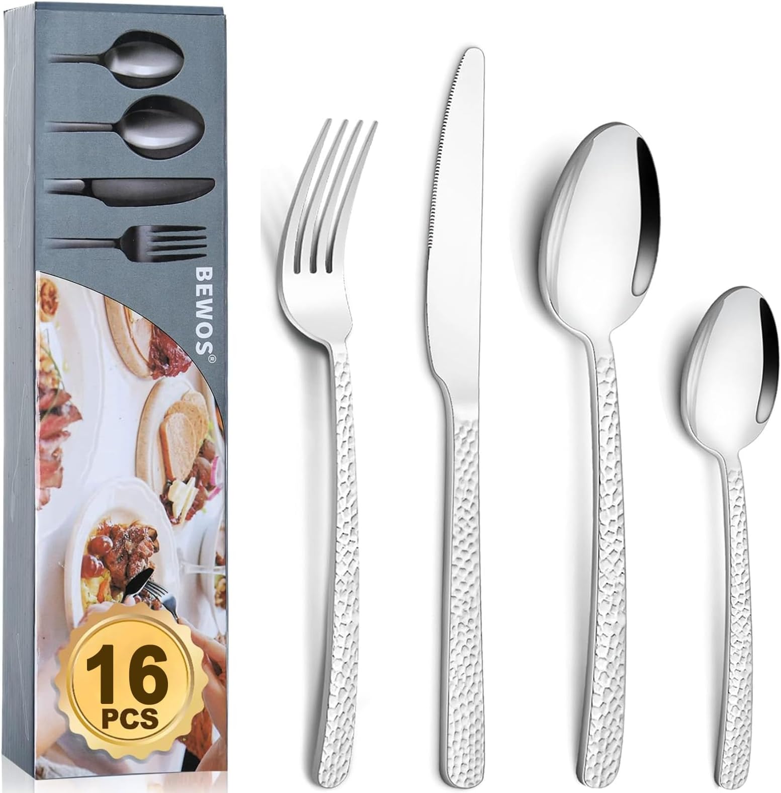 16 Pcs Silverware Set for 4, BEWOS Stainless Steel Flatware Cutlery Set, Mirror Polished Utensils Set, Forks Spoons and Knives Set, Tableware Set for Home/Kitchen/Restaurant/Hotel, Dishwasher Safe
