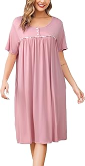 Vlazom Women's Nighties Button Front Long Nightdress Pleated Lace Nightgowns Luxury Soft Touch Nightgshirt with Pockets S-XXL
