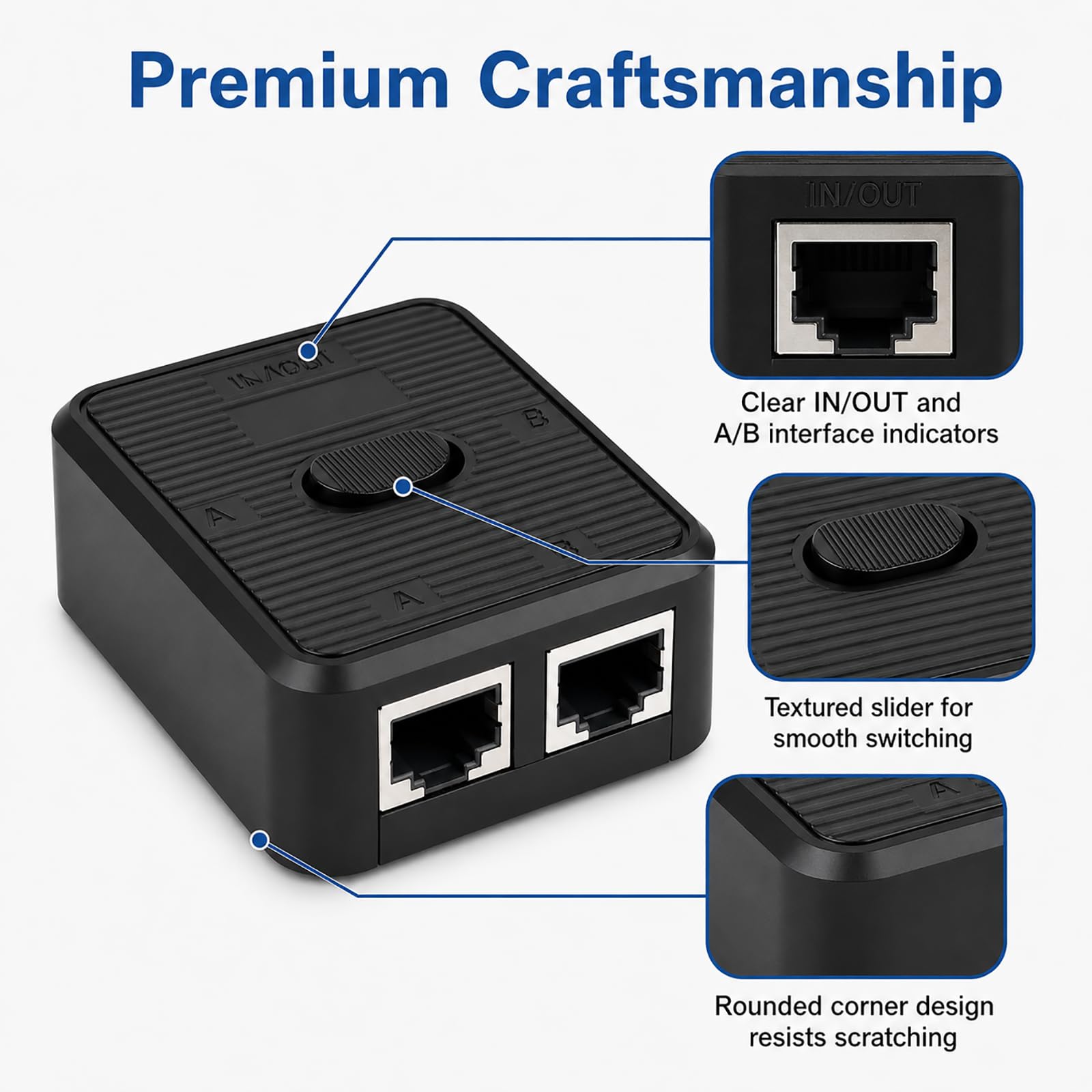 Netzwerk Switch 2 Ports, LAN Switch 2 in 1 Out Gigabit Ethernet 1000Mbits Passiver 1-in-2-out / 2-in-1-out Umschalter ohne Stromversorgung mechanischer RJ45 vergoldet mit CAT5e CAT6 CAT6A CAT7 Kabeln