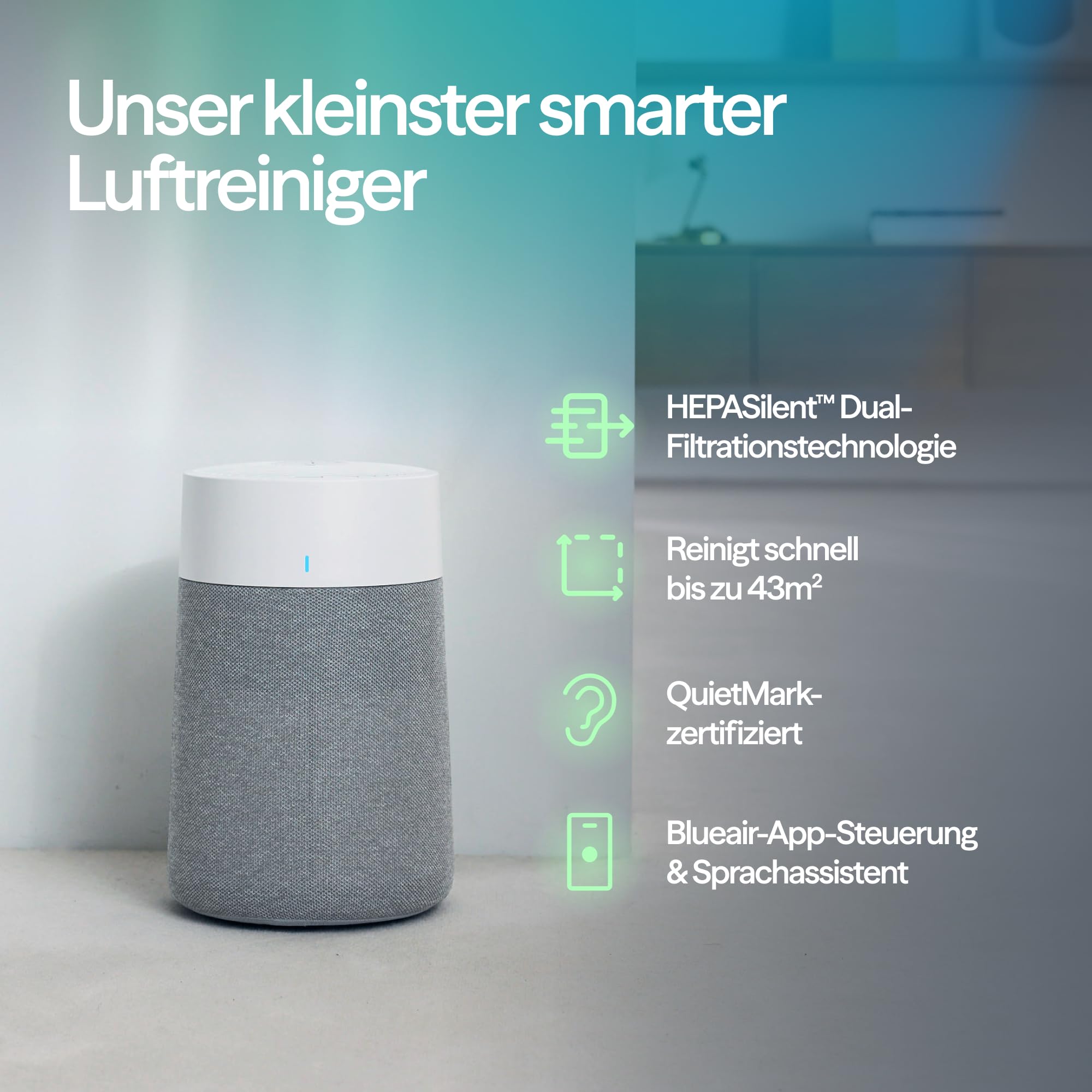 BLUEAIR Luftreiniger für Räume bis 43 m² – Smart, Leise, HEPASilent Technologie, Ideal für Zuhause, Schlafzimmer, Kinderzimmer, Gegen Staub, Allergene, Rauch, Schimmel, Tierhaare – Blue Pure 511i Max