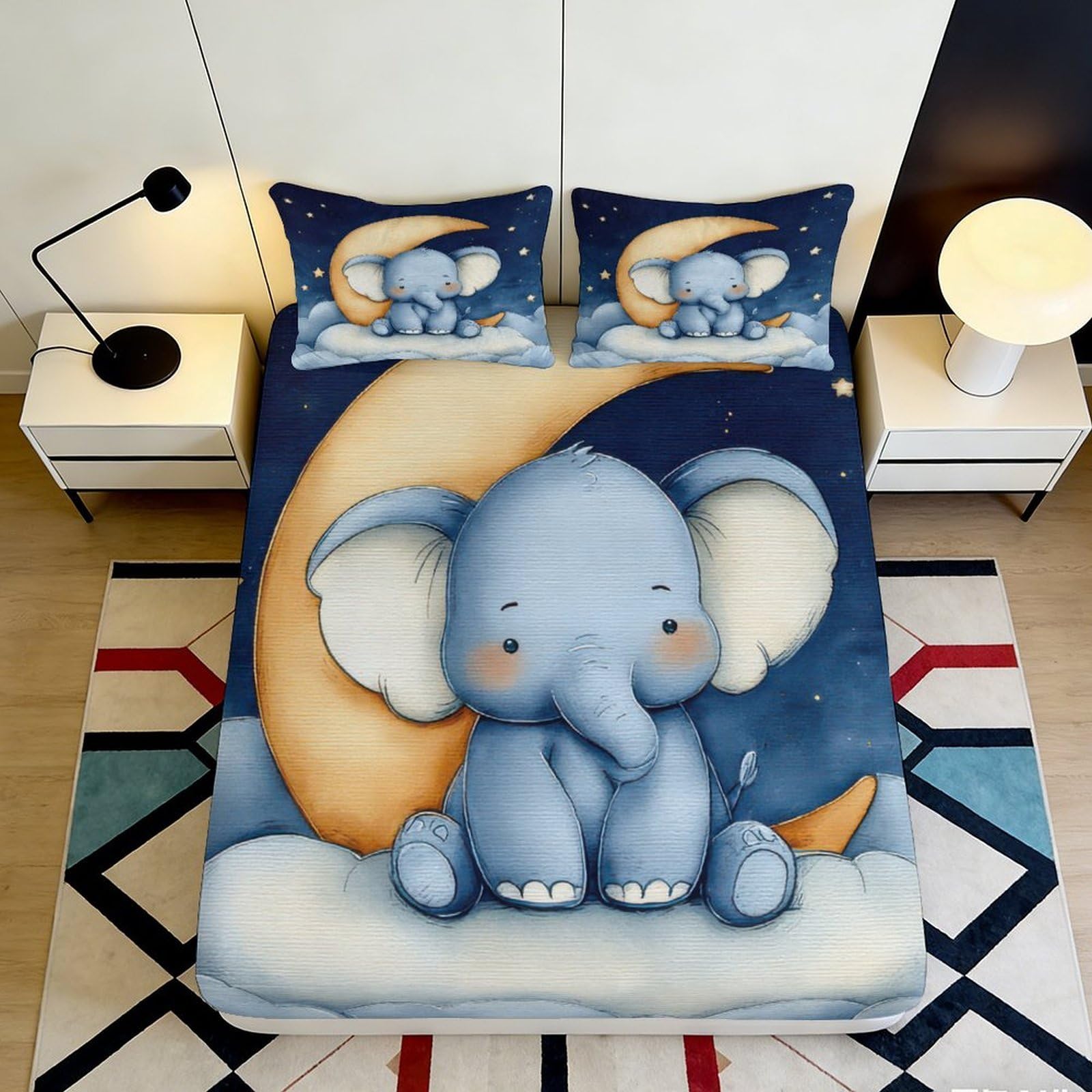 3D Printed Cute Elephant Fitted Sheet Microfiber Soft Blue Cartoon Moon Mattress Cover for Bedroom Guest Room Decor 90x200x25cm