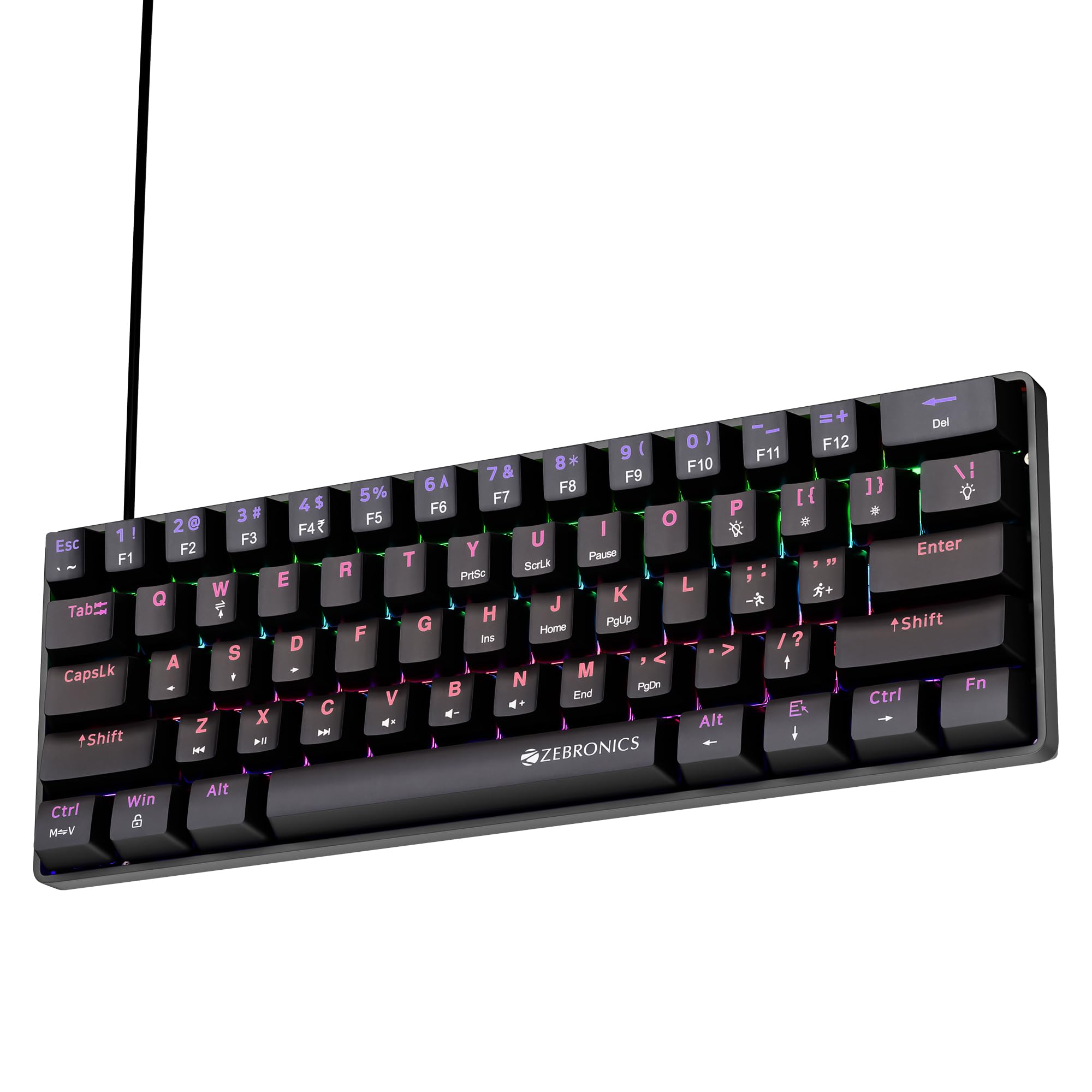 ZEBRONICS Mechanical Keyboard, Silent Linear Red Switches, 61 Keys Layout, 26 Key Anti Ghosting, Double Shot Keycaps, 17 LED Modes, Media Controls, 1.5m Cable (Max Ninja 61, Black)-picture-19