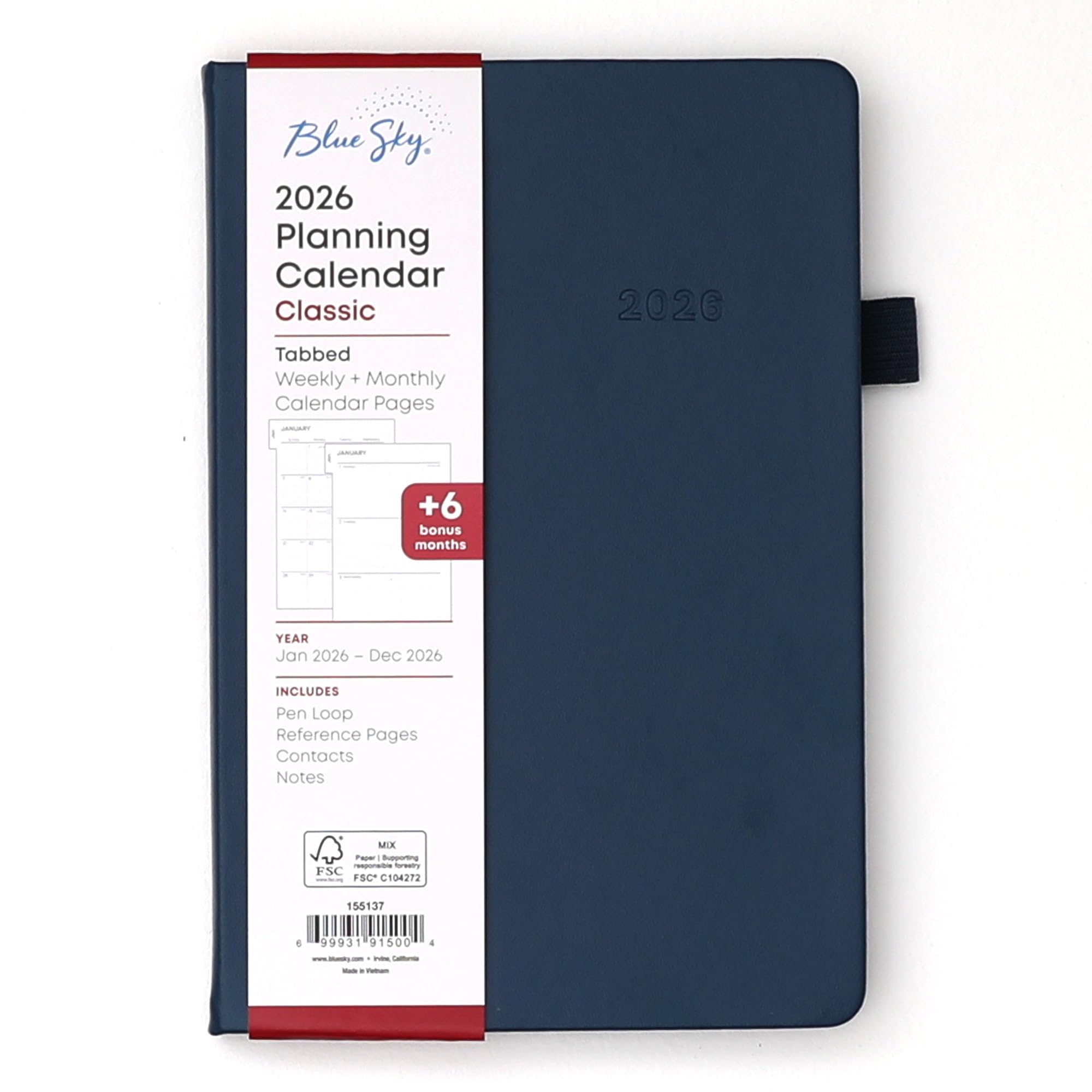 Blue Sky 2026 Weekly and Monthly Planner Calendar, January 2026 - December 2026, 5" x 8", Faux Leather Hard Cover, Bookbound, Tabs, Pen Loop, French