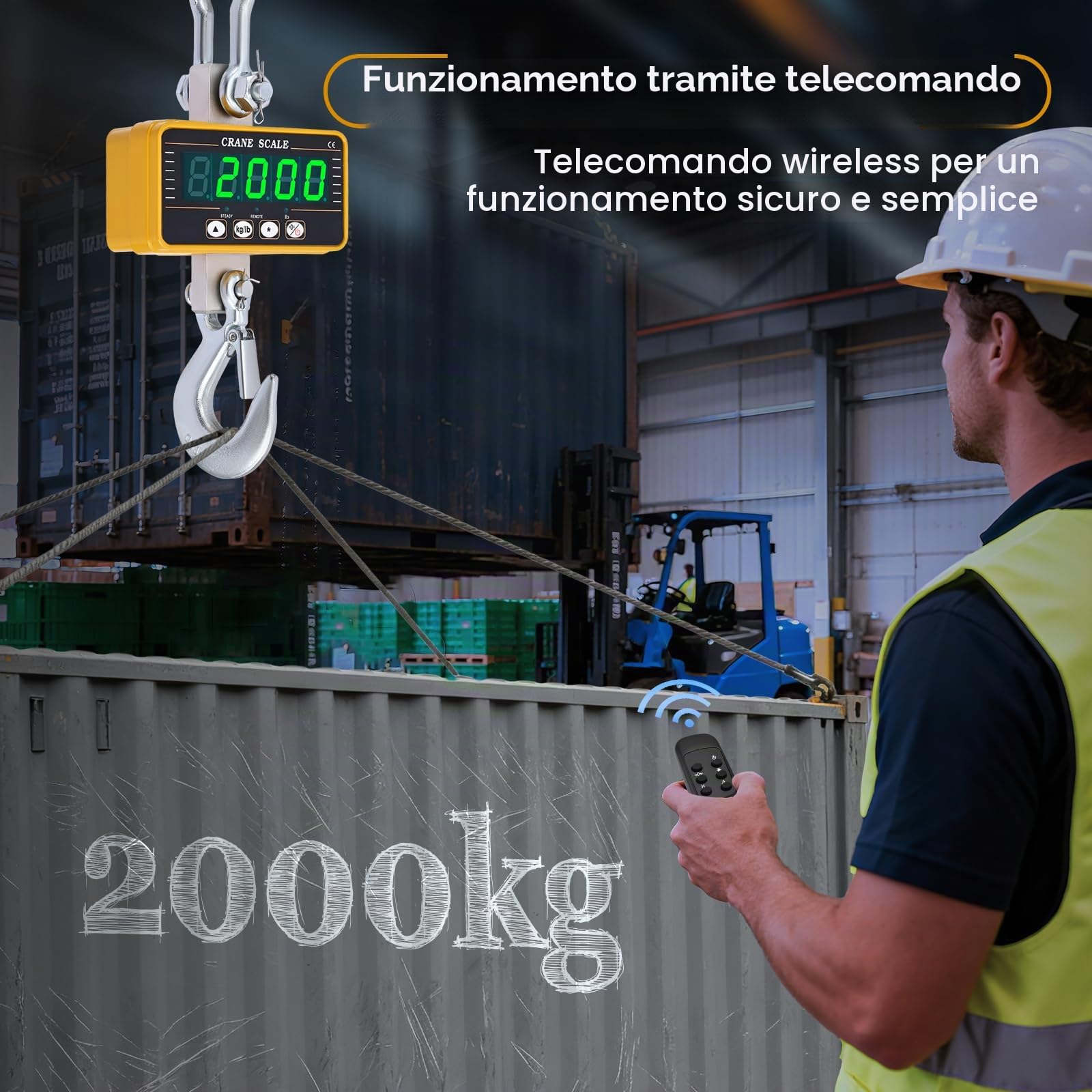 Bilancia a gancio, bilancia digitale per gru super trasparente, con telecomando, bilancia a gancio ad alta precisione, bilancia a gancio elettronica industriale per impieghi gravosi (2000 kg)