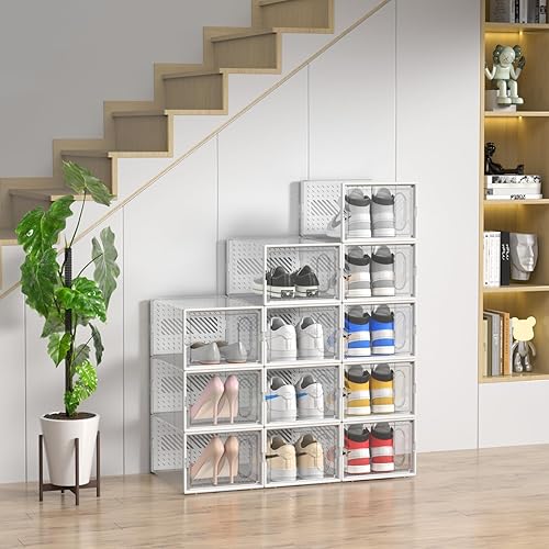Miniatura 7 de SALA Paquete de 12 cajas de almacenamiento de zapatos XL con puerta magnética, se ajusta hasta el tamaño 13, organizador de zapatos apilable de