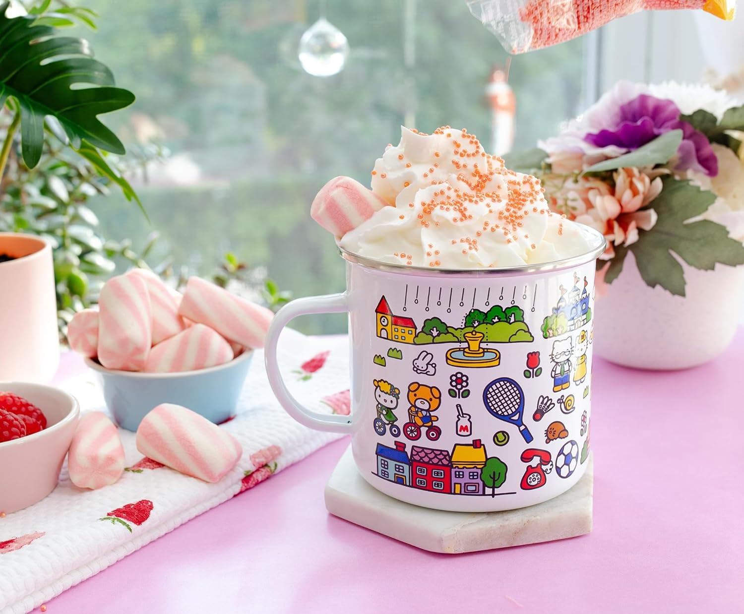 Silver Buffalo Sanrio Hello Kitty Destination Town Enamel Camper Mug | Large Coffee Cup For Tea, Espresso, Cocoa | Holds 21 Ounces
