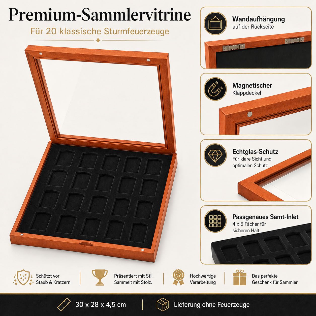 Vetrina per accendini (ad esempio Zippo) in legno, da collezione, vetrina in vetro, espositore per appendere 20 accendini da collezione (nero)