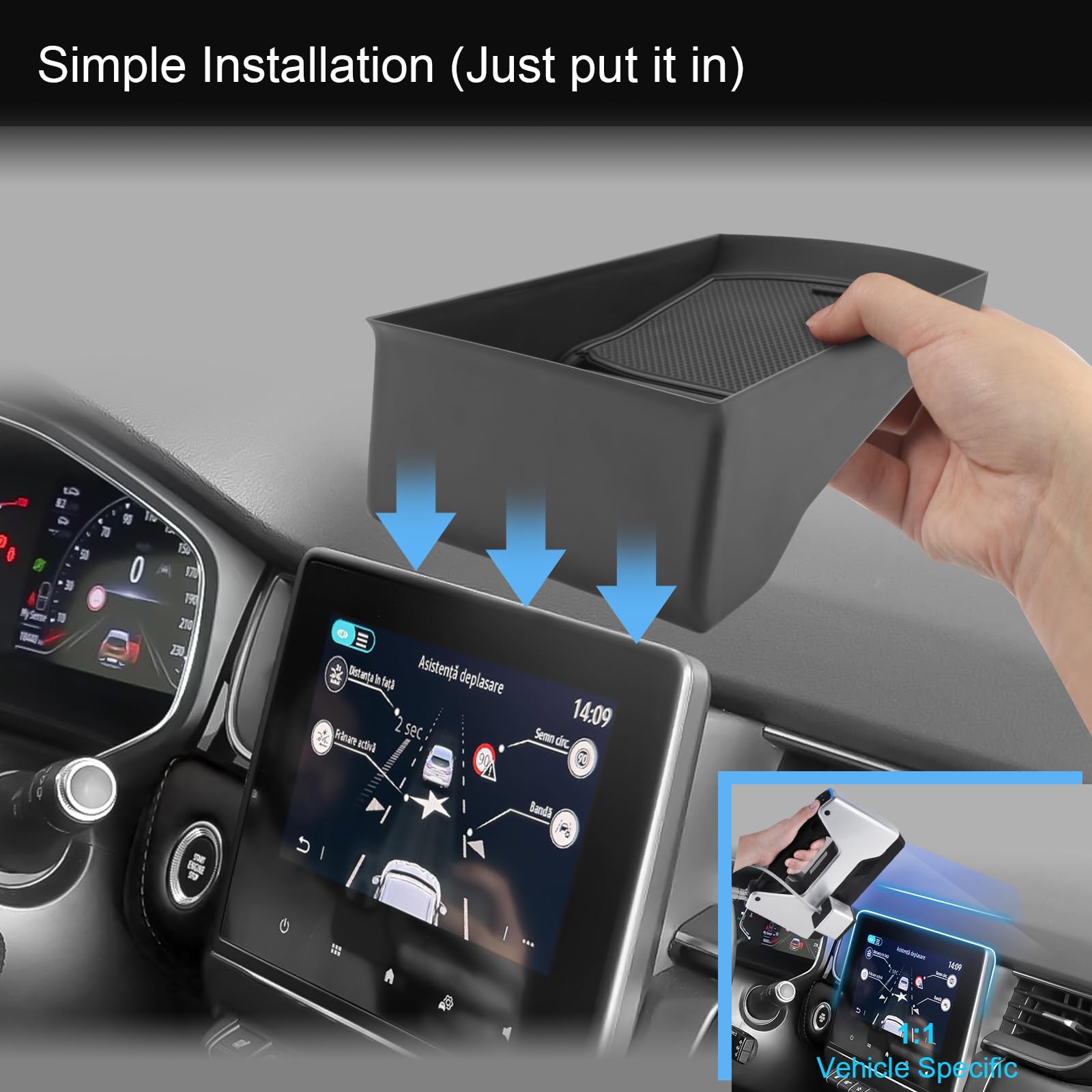 Boîte de Rangement pour Tableau de Bord Central Compatible avec Renault Captur 2 2020-2024, Organisateur de Console Centrale, Plateau Rangement de Console avec Tapis Antidérapants (Noir)
