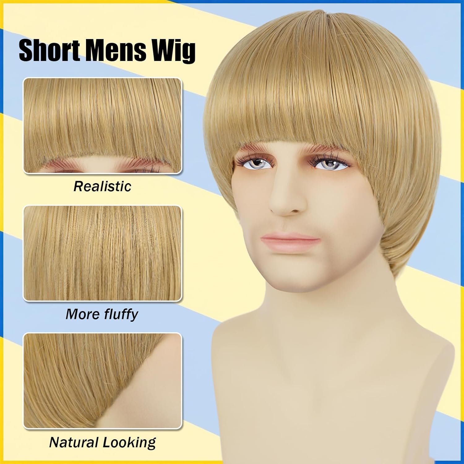 Blonde Mushroom Wig for Men Women Unisex Synthetic 60s Bowl Cut Wig with Bangs for Anime Characters Costume Halloween Cosplay Party (Blonde) - Image 6