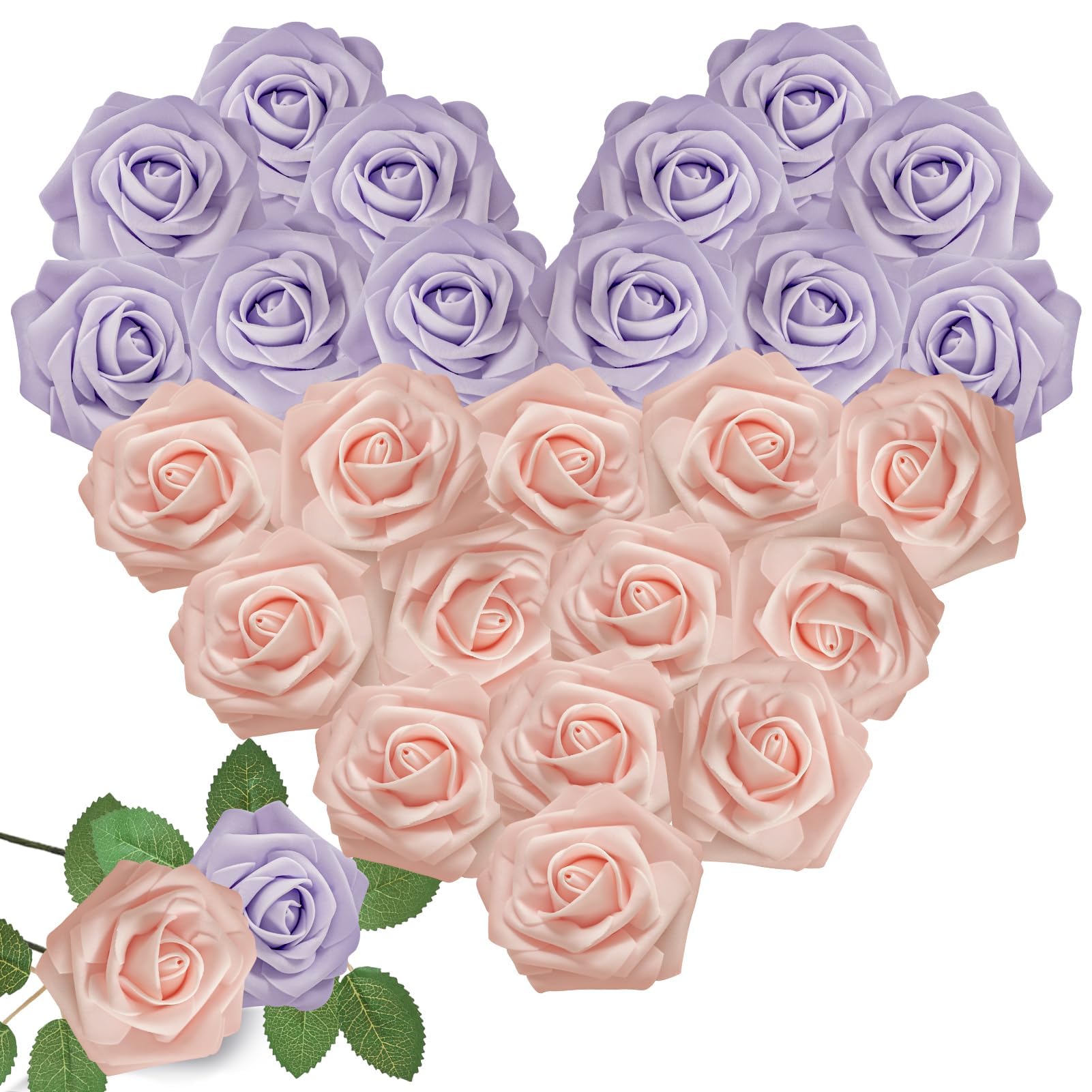 partiazy Artificial Flowers 25pcs Real Looking Blush Pink and Light Purple Foam Fake Roses Combination with Stems for DIY Wedding Bouquets Bridal Shower Centerpieces Party Decorations