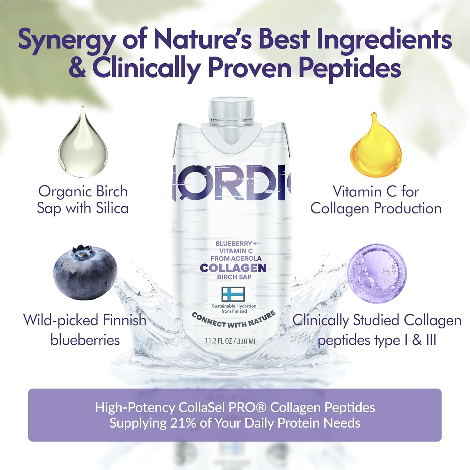 Nordic Liquid Collagen Peptide Drink, Organic Birch Sap, Wild blueberry + Vitamin C, Made in Finland - 10g Clinically Studied Grass Fed Collagen Peptides for Skin Hair Nails & Joint Support, with Silica, BPA-Free Beverage (12 Pack)