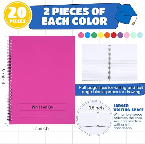Miniatura 2 de Henoyso 20 Pcs 100 Pages Spiral Primary Composition Notebook K-2 Bulk Primary Journal Drawing Handwriting Practice for 4-6 Kindergarten Preschool