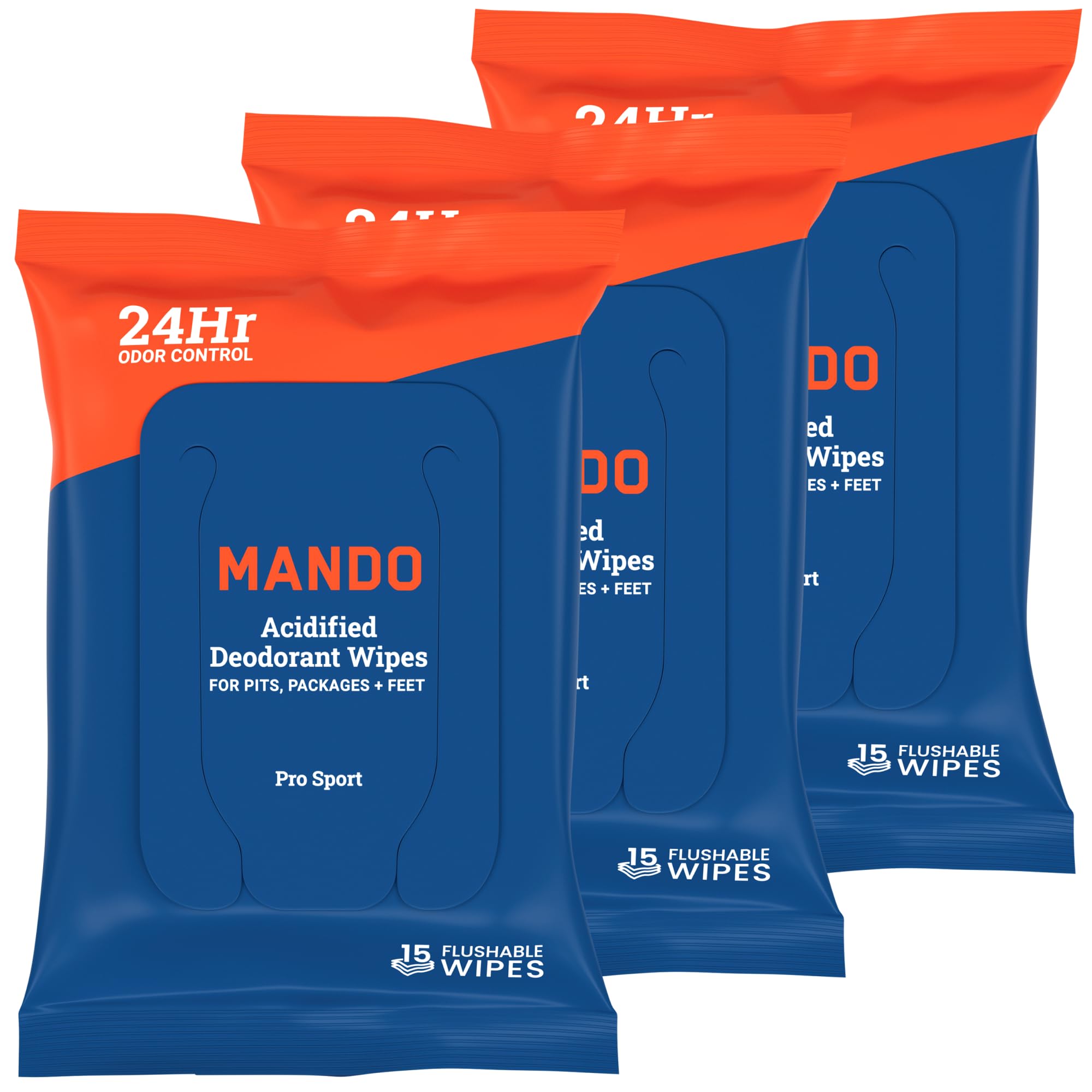 Mando Deodorant Wipes - 24 Hour Odor Control - Aluminum Free, Baking Soda Free, Skin Safe (15 Count (Pack of 3)
