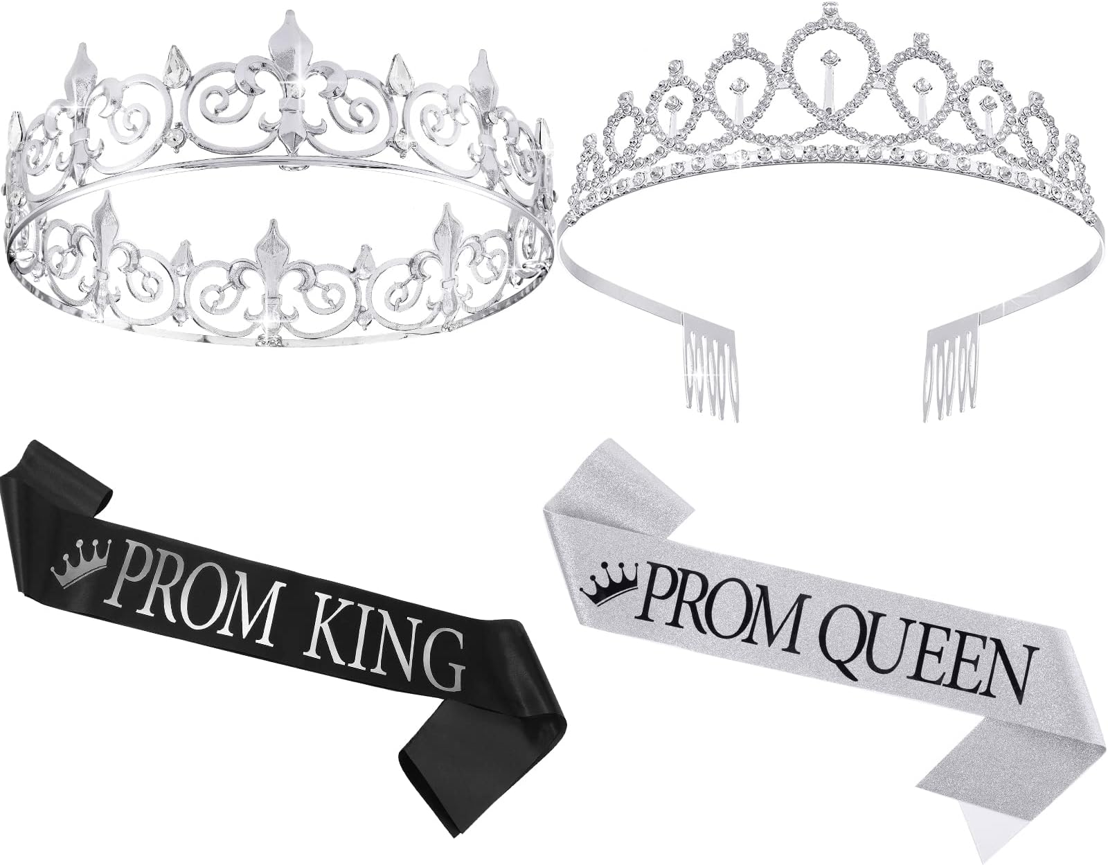Lyrow 4 Pcs Prom King and Queen Crown Set with Sashes and Tiara Prom Sashes for Christmas Graduation Party Costume(Silver, Silver)