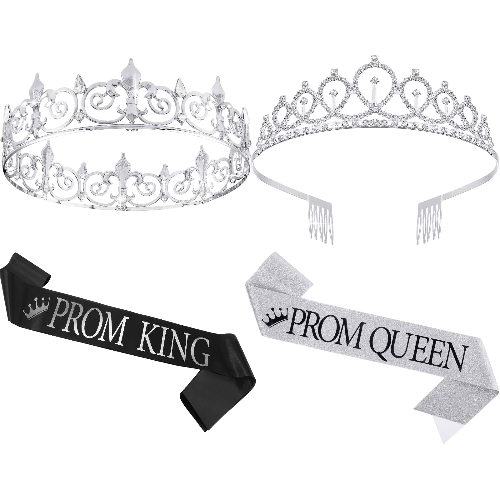 Lyrow 4 Pcs Prom King and Queen Crown Set with Sashes and Tiara Prom Sashes for Christmas Graduation Party Costume(Silver, Silver)