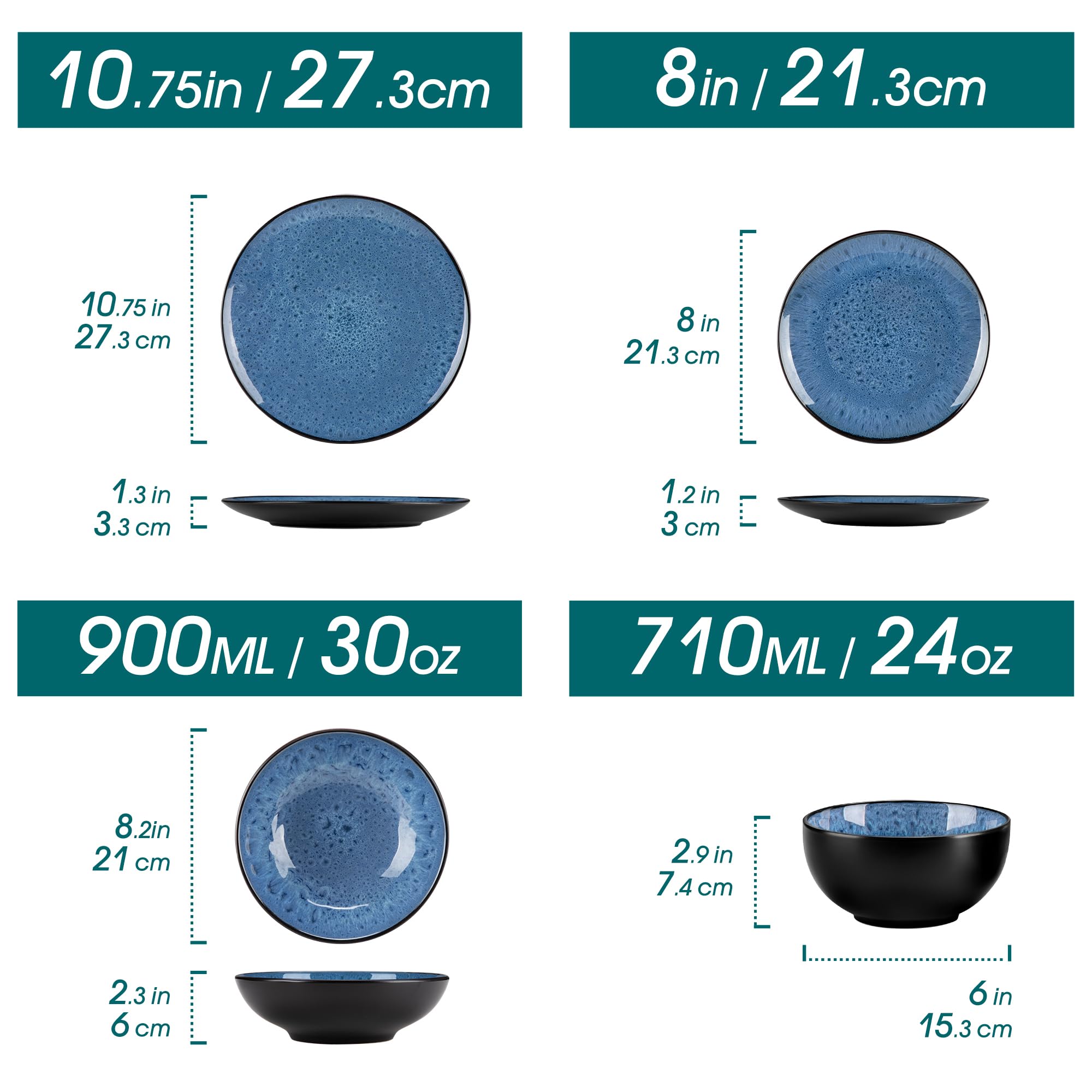 vancasso Bubble Blue zestaw obiadowy, 16-częściowy zestaw obiadowy dla 4 osób, reaktywne talerze i miski do glazury w stylu vintage, zawiera talerze obiadowe, talerze deserowe, miski do makaronu i