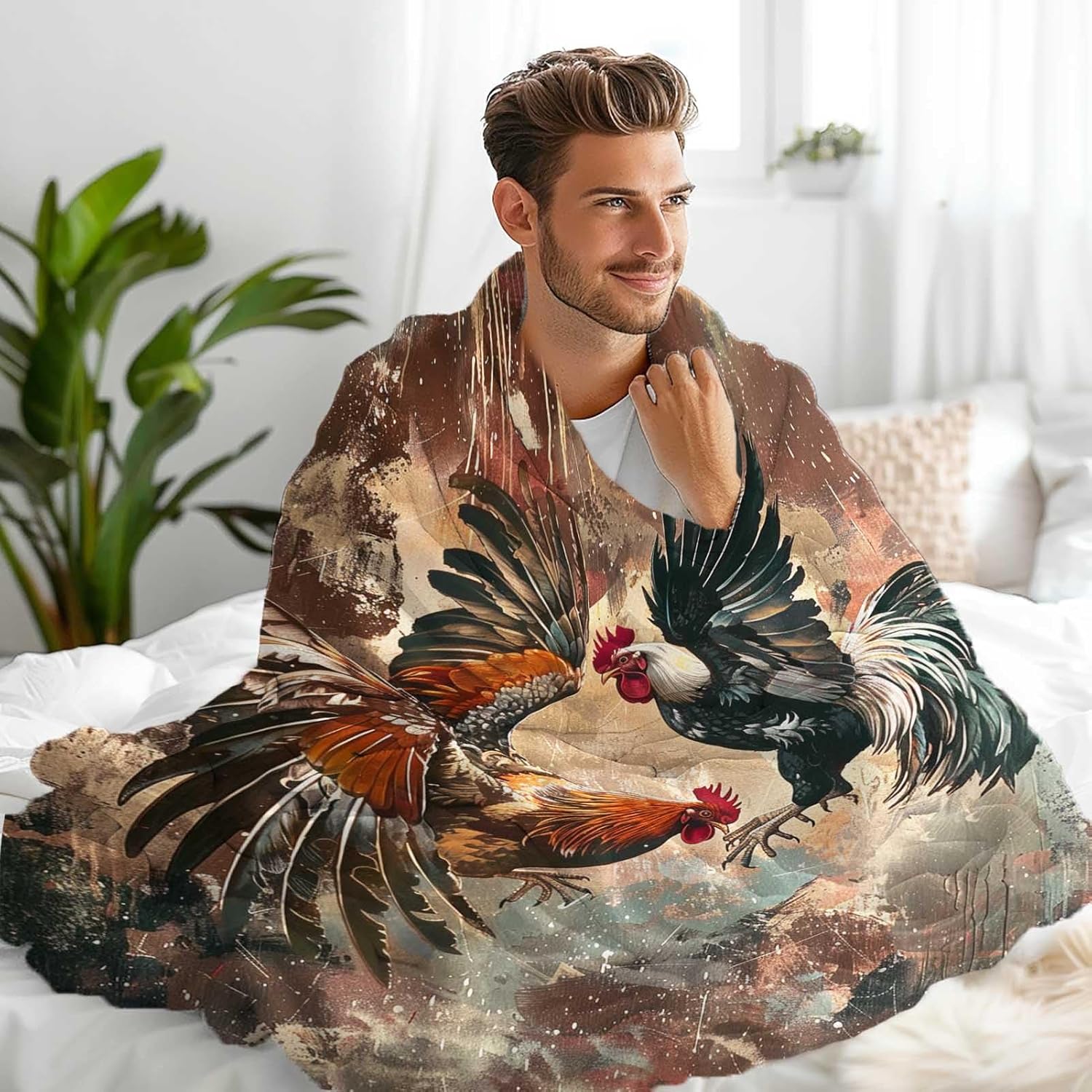 Rooster Battle Theme Blanket, Novelty Animal Chicken Throw Blanket Gifts for Women Men Adults Kids, Soft Lightweight Flannel Fabric, All-Season for Home Decor, Living Room, Outdoor (60"x50")