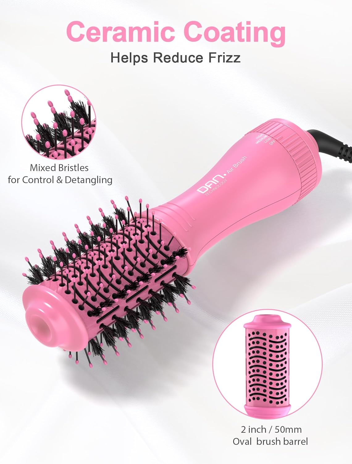 Mini Travel Blow Dryer Brush for Short to Medium Hair, 2 Inch Oval Hot Air Brush with Ceramic Coating, 3 Heat Settings for Smooth, Voluminous Blowouts, 120V (Pink)