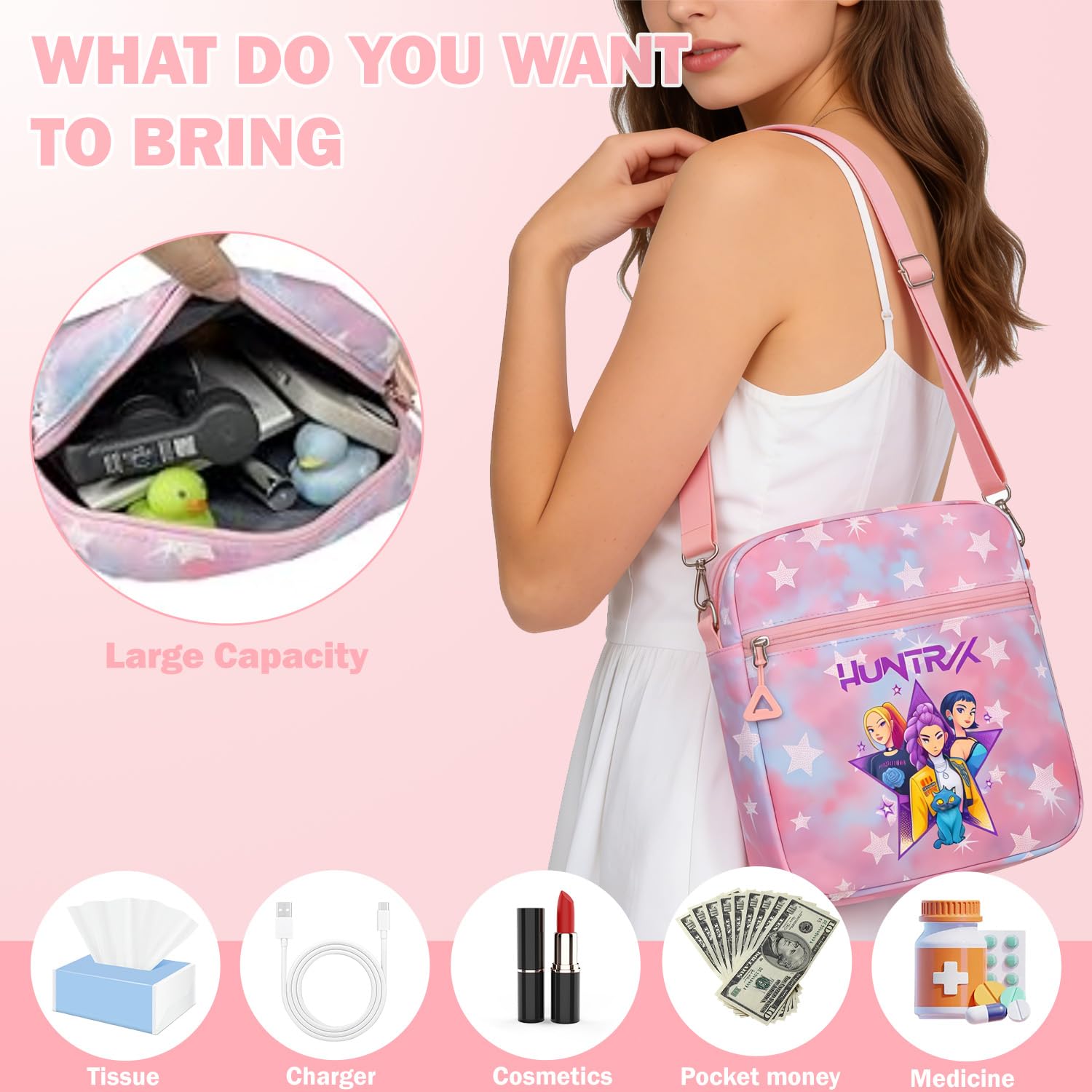 For Demon Hunters mini crossbody bag, For Korean idol,also a shoulder bag, features a cartoon pattern design. (Purple) — view 5