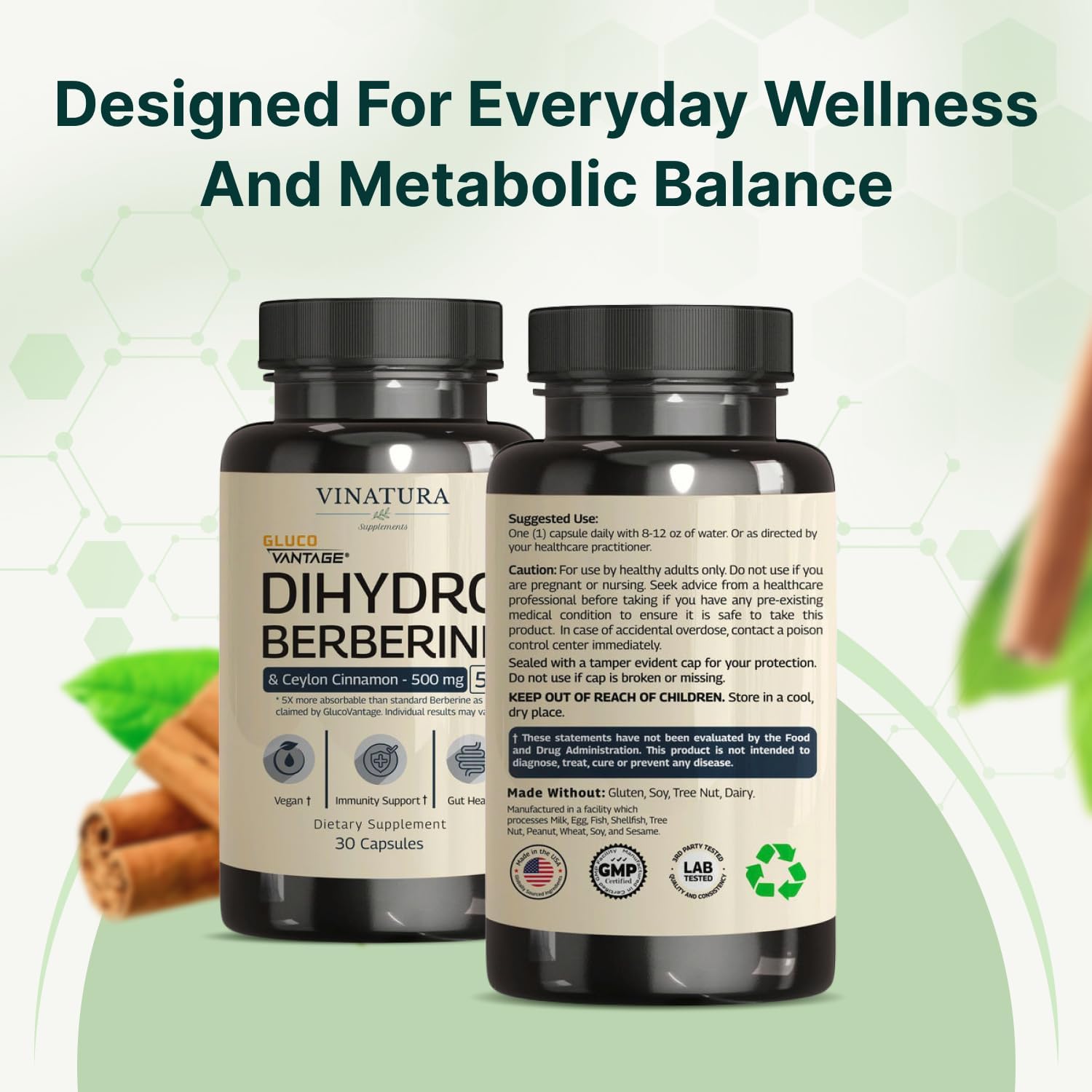 VINATURA Dihydroberberine Supplement with Ceylon Cinnamon, 500mg - (Patented GlucoVantage Super Berberine), Maybe Berberine 5X More absorbable - 30 Capsules