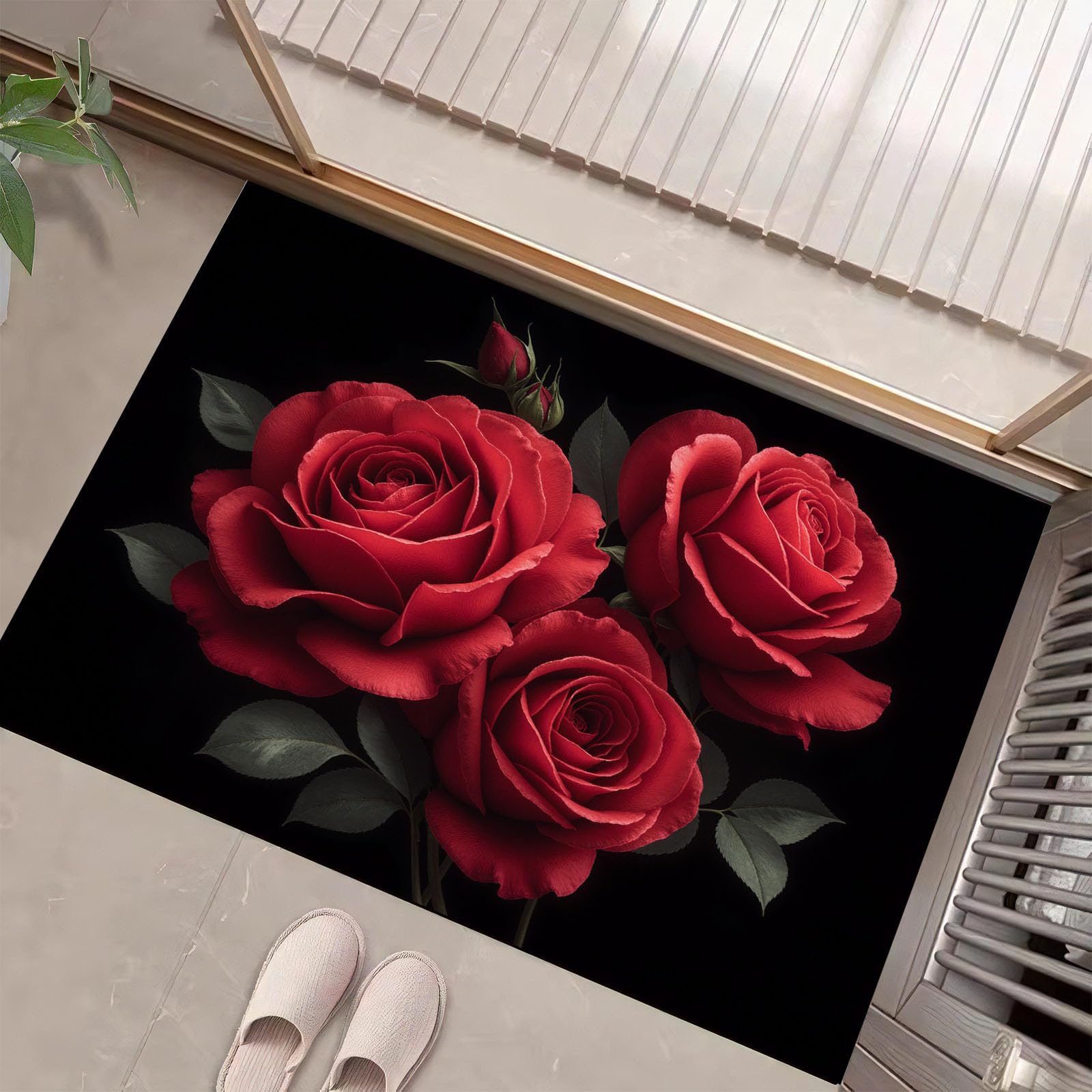 Tapis cuisine devant evier au motif de roses rouges paillasson entree interieur lavable