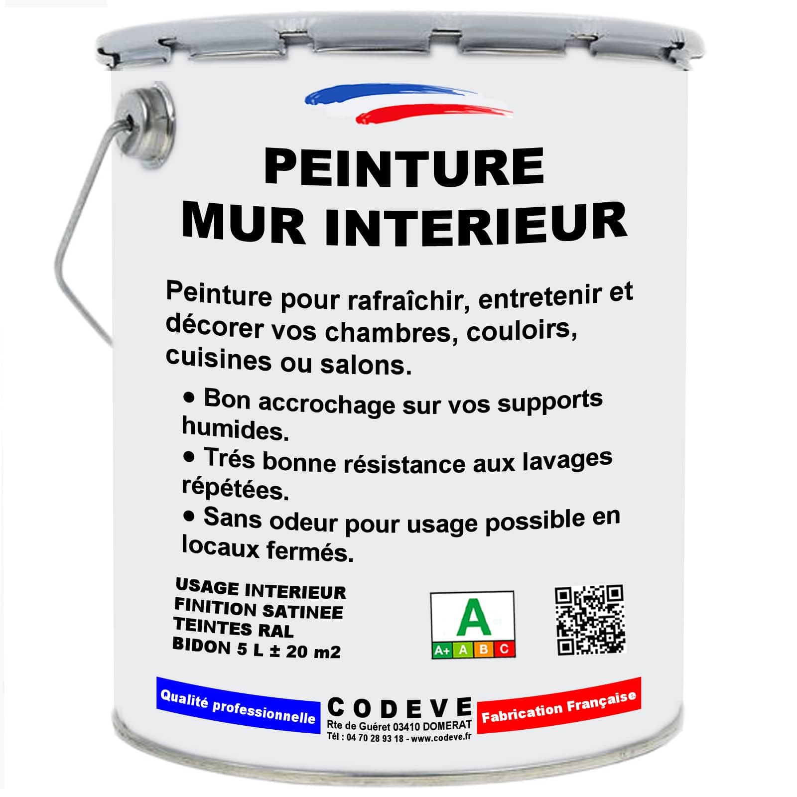 Peinture Mur Interieur - Codeve Bois/RAL 9010 - Blanc pur - 5L - Intérieur - Pour La Décoration De Votre Salon, Séjour, Cuisine Ou Chambre.