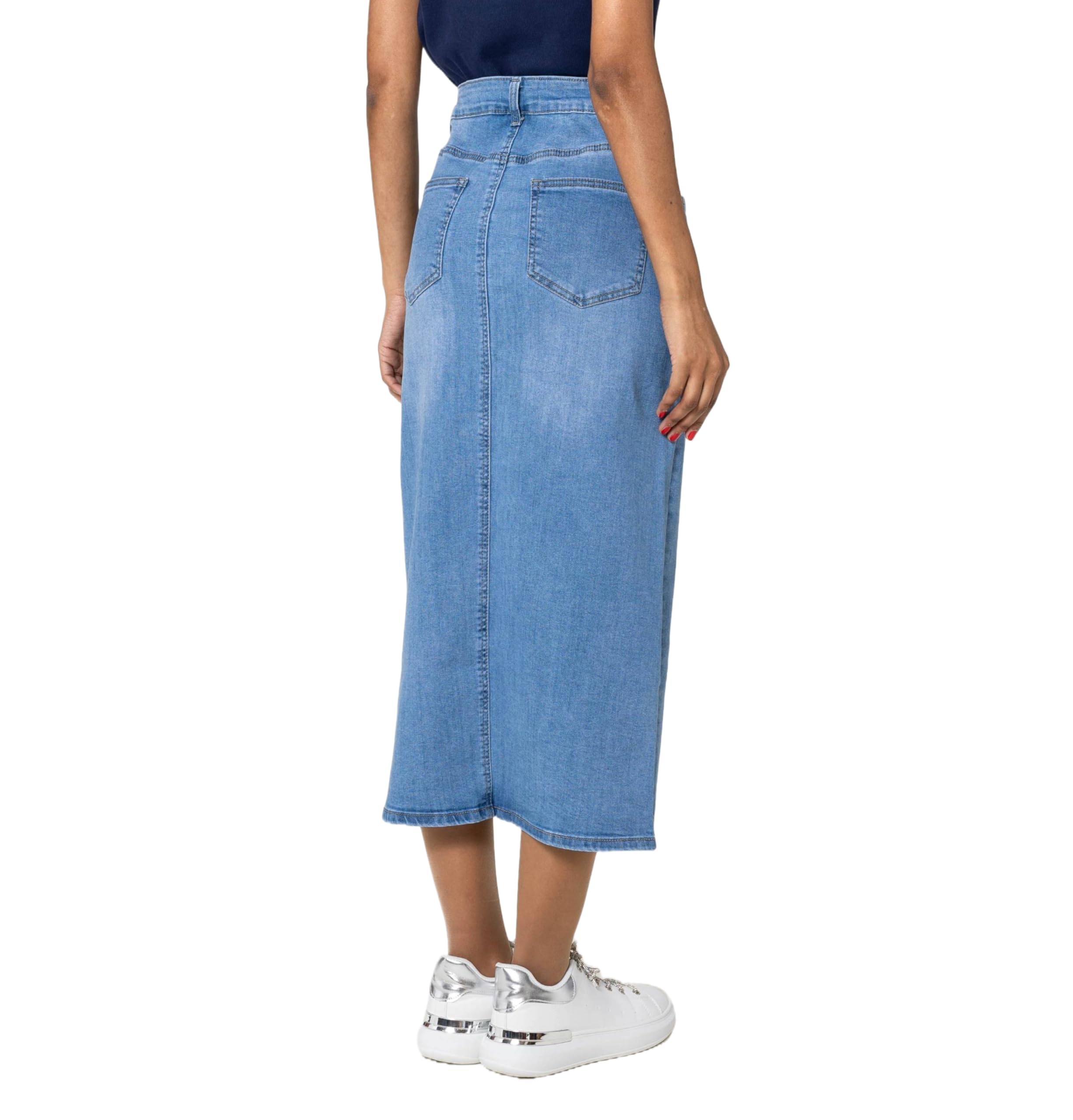 Nina Carter P215 Jupe en jean pour femme - Taille haute - Longueur mollet - Avec fente avant - Jupe longue - Fermeture éclair - Stretch - Look usé