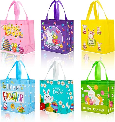 6 bolsas de Pascua no tejidas con asa, bolsas de regalo de Pascua feliz para niños, bolsas de golosinas, conejo, bolsas reutilizables de Pascua,