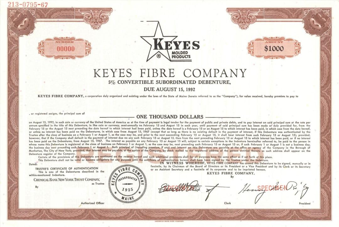 Keyes Fibre Co. - 1935 dated $1,000 Specimen Bond