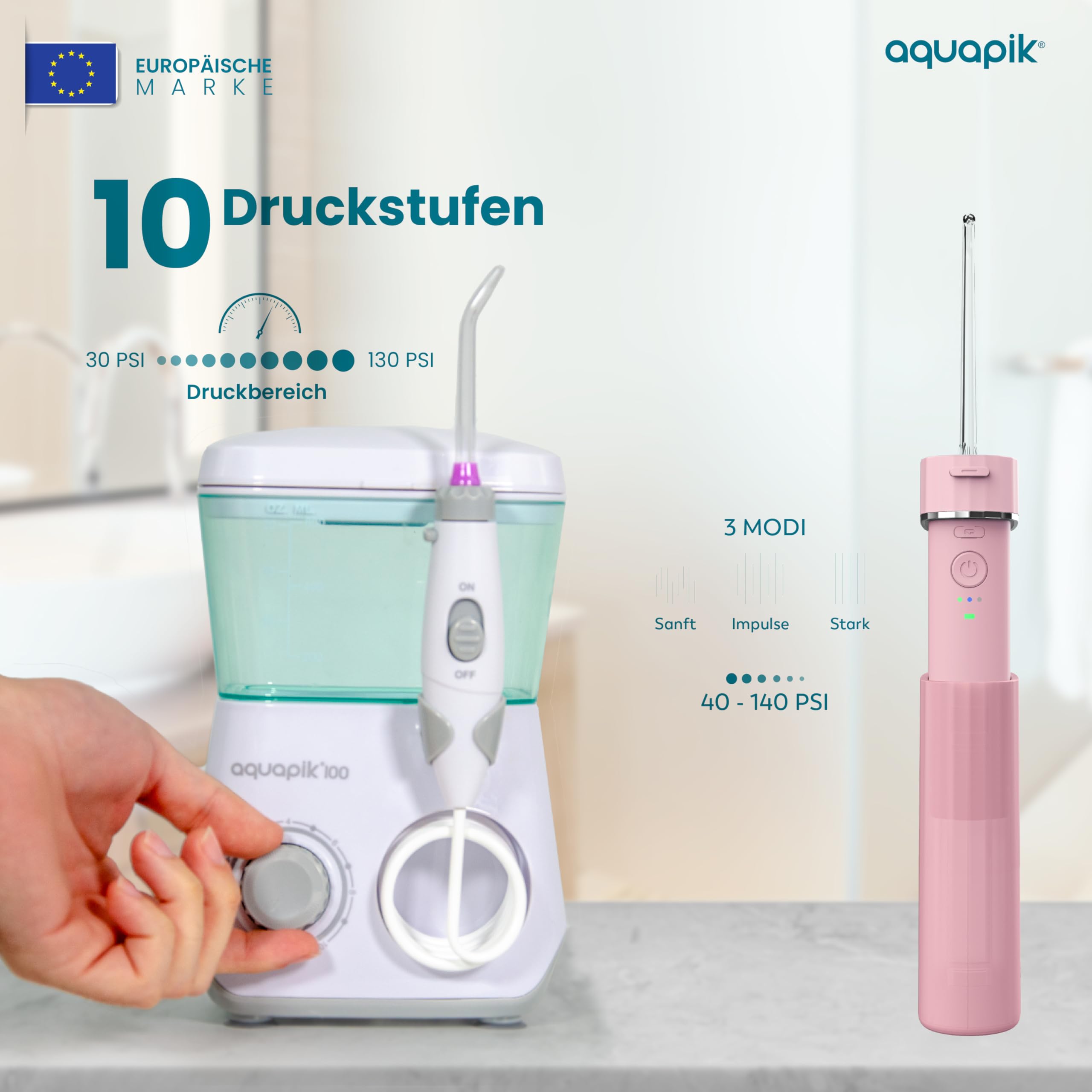 Aquapik® DUO Munddusche Aquapik® 100 Desktop + Aquapik® Mini, tragbar, von Zahnärzten empfohlen + Plaque-Entferner + pflegt Implantate und Kieferorthopädie, tiefe Mundhygiene (b. Weiß - Rosa)