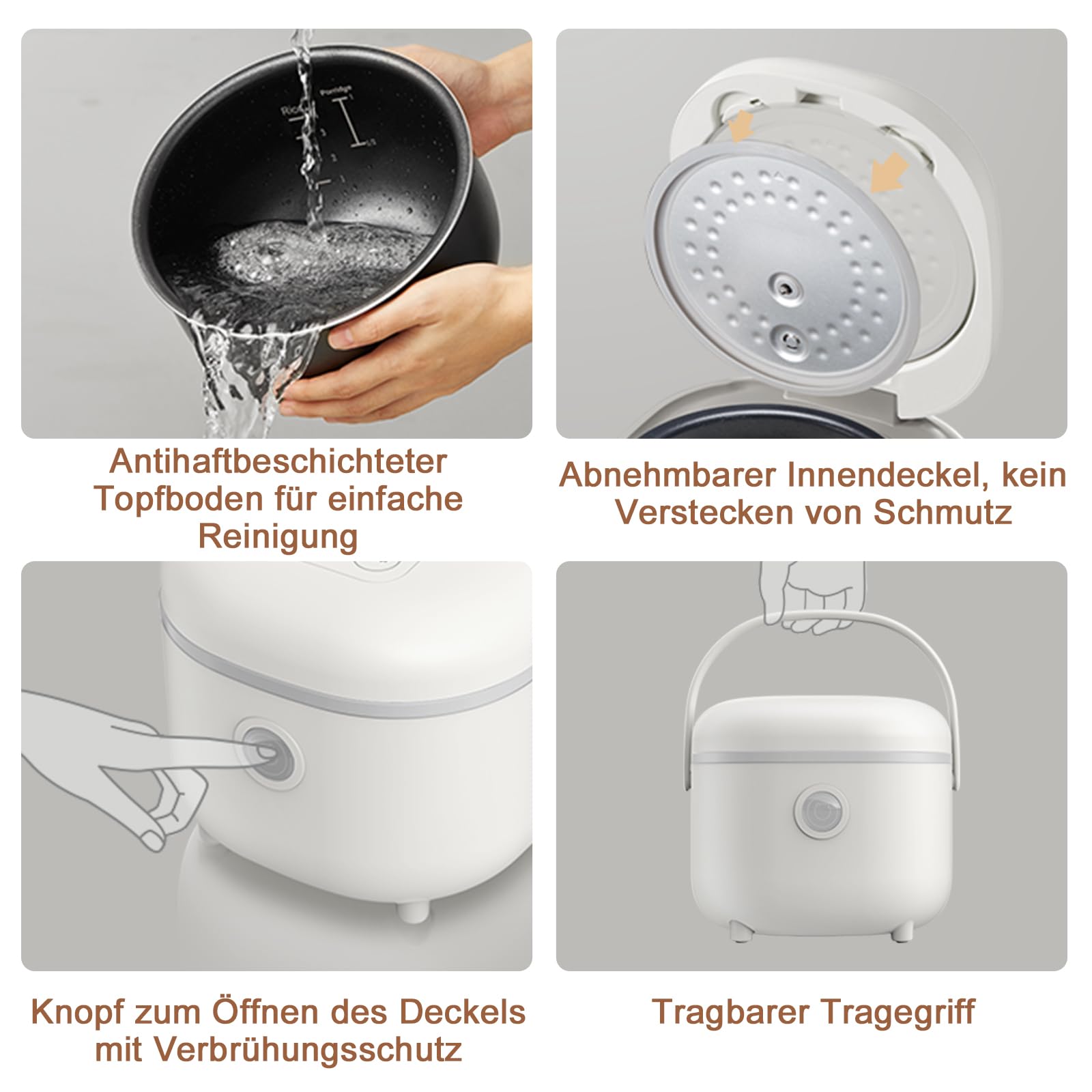 Bear Reiskocher 4 Tassen (ungekocht) mit Dampfgarer, Multifunktioneller 350W Elektrischer Rice Cooker Mini,6 Reiskochfunktionen für 2-4 Personen,Weiß