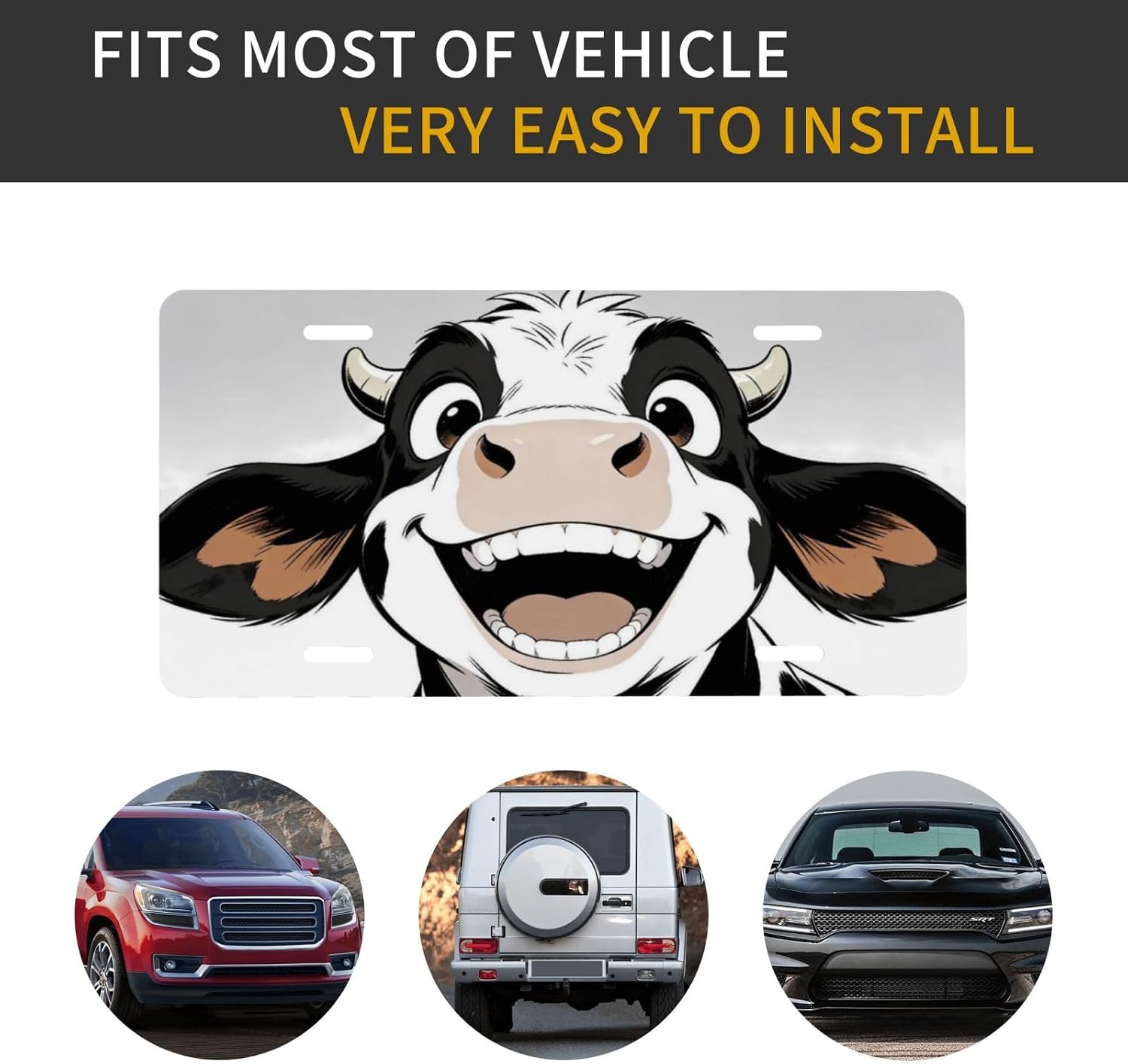 Funny Smiling Cow Cute Farm Animal Cartoon Front License Plate Aluminum Decorative License Plates Metal Car Plate Novelty Vanity Tag Cover 6"X12" Car Decor Accessory with 4 Holes for Men Women