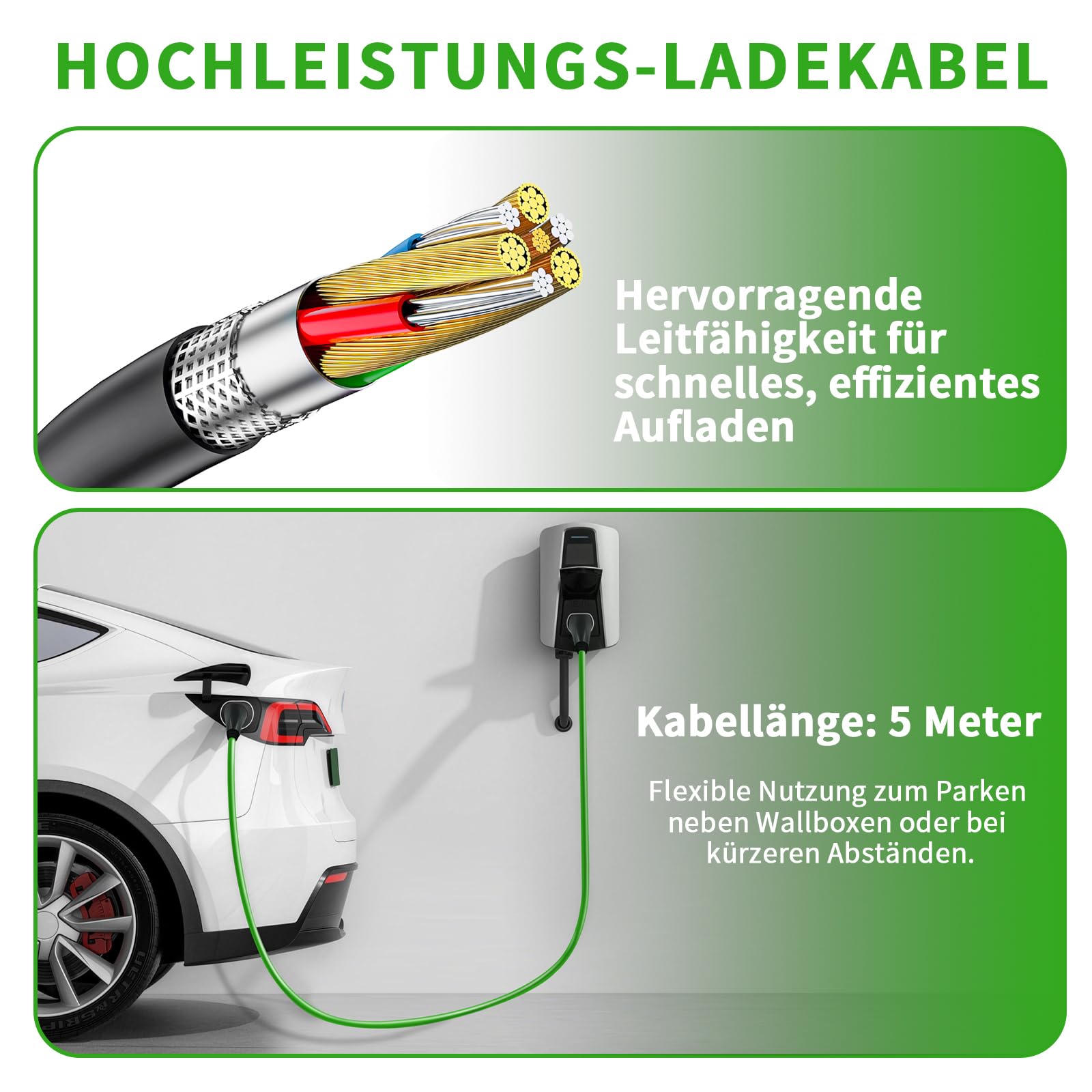 Typ 2 Ladekabel 7,4 kW [32A 1-phasig 5 m Modus 3 IEC 62196-2 ] Elektroauto Ladekabel mit Aufbewahrungstasche & Regenschutzhülle, passend für Wallbox & öffentliche Ladestation,(Grün)