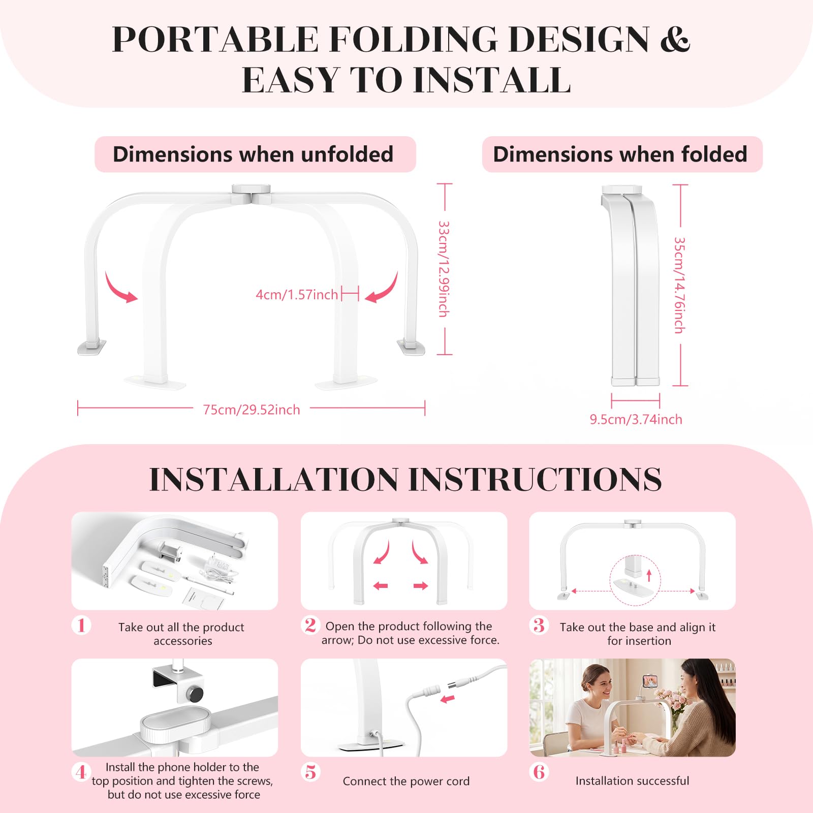 Lampe Demi Lune pour Ongles 29in 3 Modes de Couleur 10 Niveaux de Luminosité Blanc
