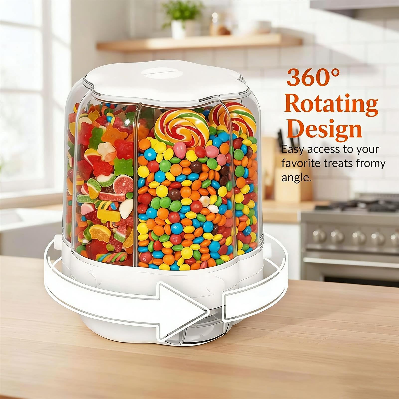 Dispenser per caramelle con 6 scomparti, girevole a 360°, divertente contenitore a pressione per noci, riso, cereali, snack e caramelle
