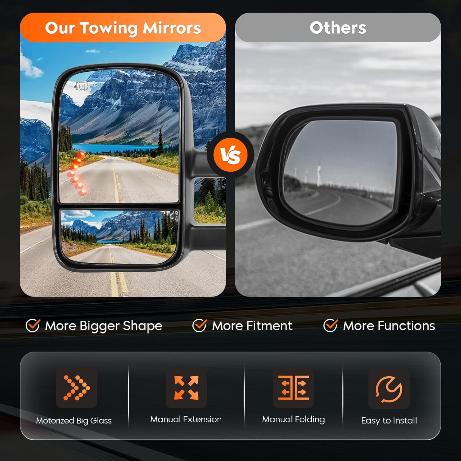 Youxmoto Towing Mirrors fit for 2007-2013 For Chevy For GMC; Silverado Sierra 1500 2500 HD/ 3500 Suburban; 07-2014 Tahoe/Yukon Pickup Truck Mirrors, Heated, Arrow Light, Manual Folding & Telescoping
