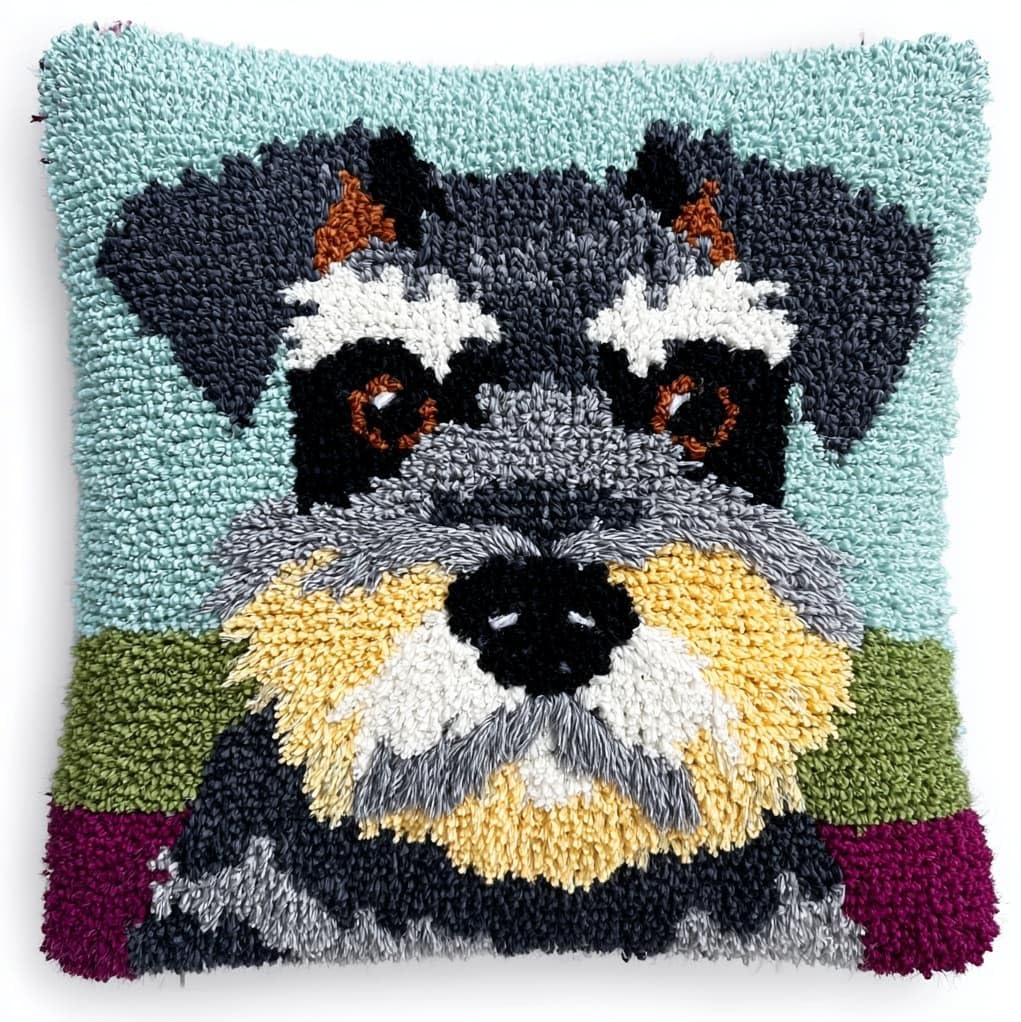 Henypt DIY Latch Hook Cushion Kit 43x43cm,Schnauzer Dog Complete Needlecraft Set with Pre-Cut Yarn & Tools,Creative Home Decor Gift for All Ages